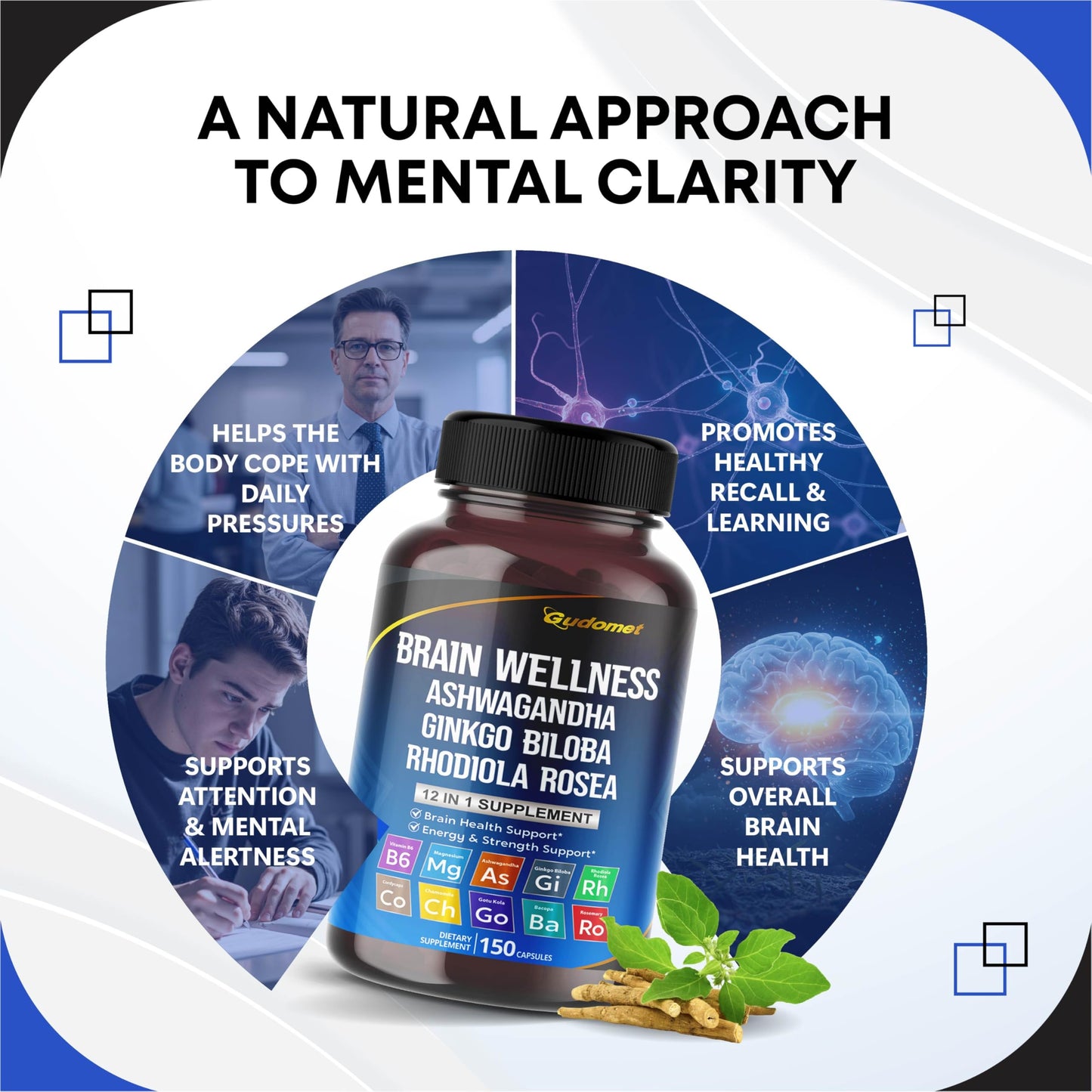 GUDOMET Brain Wellness Ginkgo Biloba Rhodiola Cordyceps Chamomile Ashwagandha Gotu Kola Bacopa Rosemary Holy Basil Black Pepper 150 Capsules