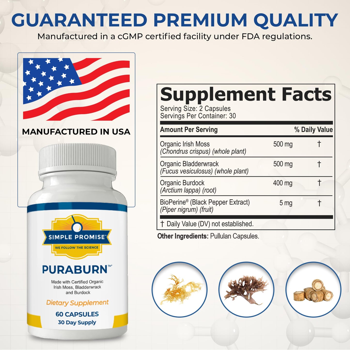 Simple Promise PuraBurn Herbal Wellness Supplement with Organic Irish Sea Moss, Bladderwrack & Burdock Root Capsule, 1 Count
