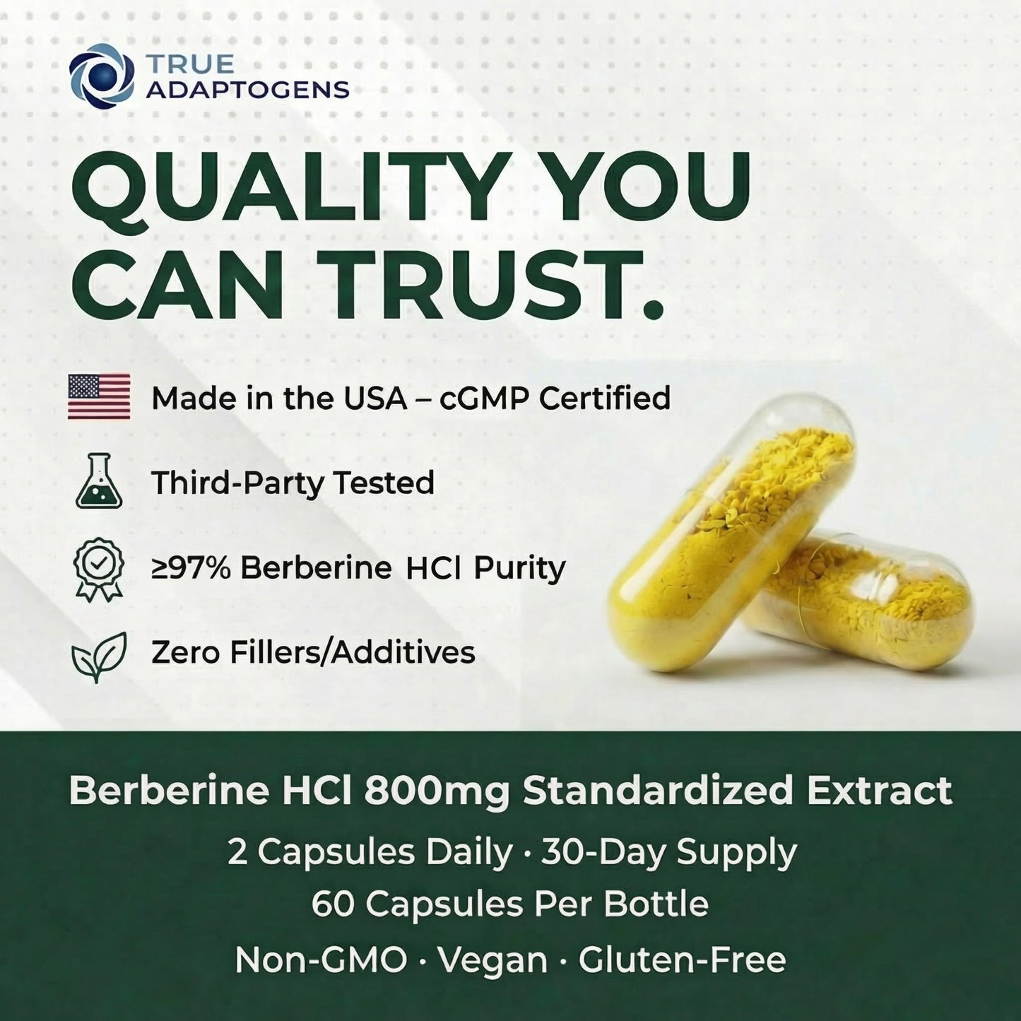 True Adaptogens Berberine HCl 800mg – 97% Pure Dual Extract with Olive Oil for Absorption – Berberina Herbal Clean Formula Capsule 60 Count