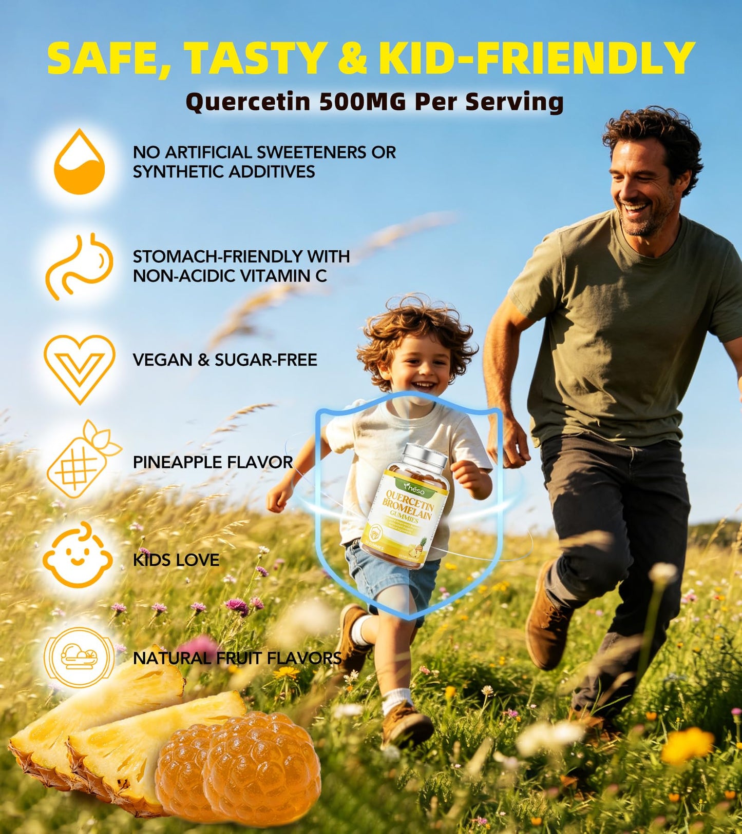 Yheso Quercetin 500mg with Bromelain, Vitamin C, D3 & Zinc – Sugar Free Immune Support – Antioxidant Complex with Pineapple Enzyme, 60 Gummies