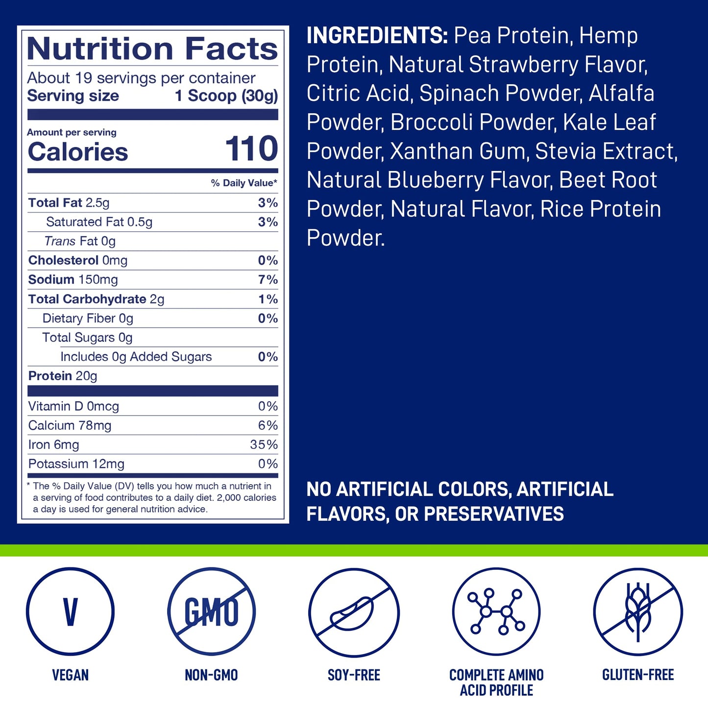 LeanFit Plant-Based Protein & Greens Protein Powder, Natural Berry, 19 Servings, 1.25 lb Tub