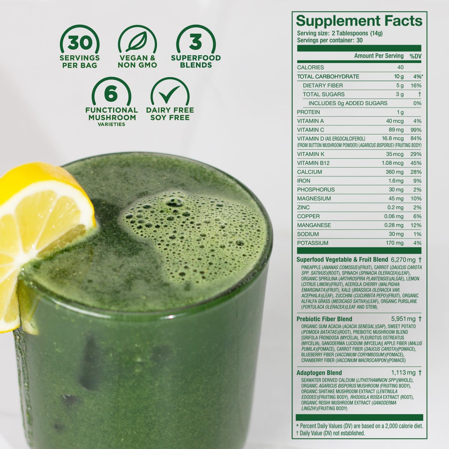 Laird Superfood Prebiotic Daily Greens Powder, 14.8 oz