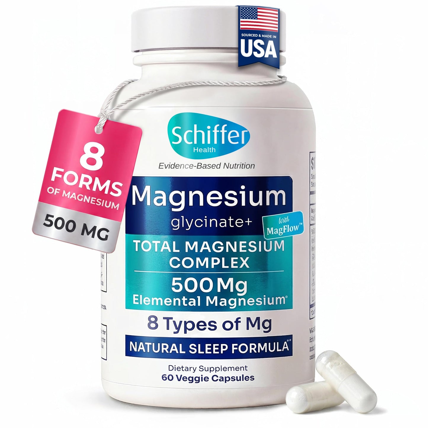 SCHIFFER HEALTH Magnesium Complex Supplement 8 Elemental 500mg Magnesium Glycinate, Citrate, Malate with MagFlow™ Sleep, Muscle & Relaxation Support, 60 Capsules