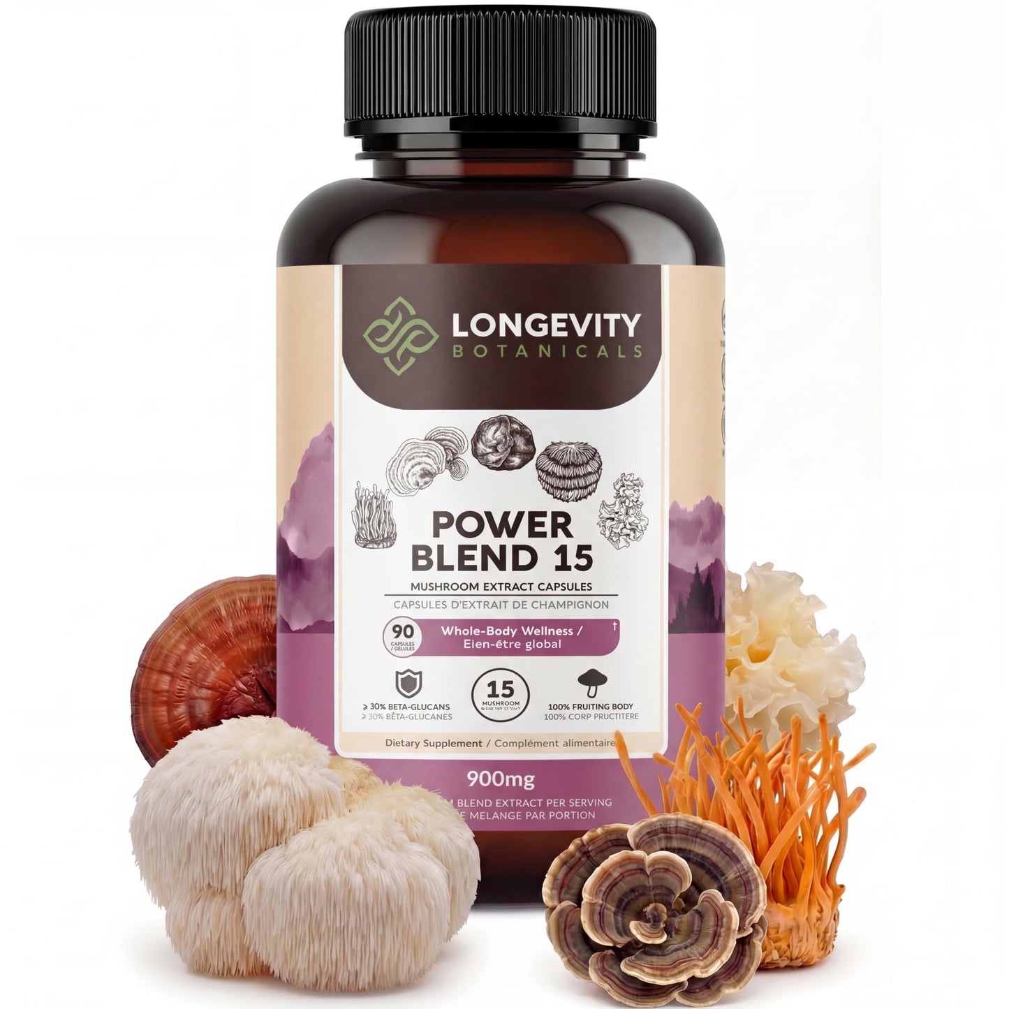 Longevity Botanicals Power 15 Mushroom Blend Capsules 90 Count