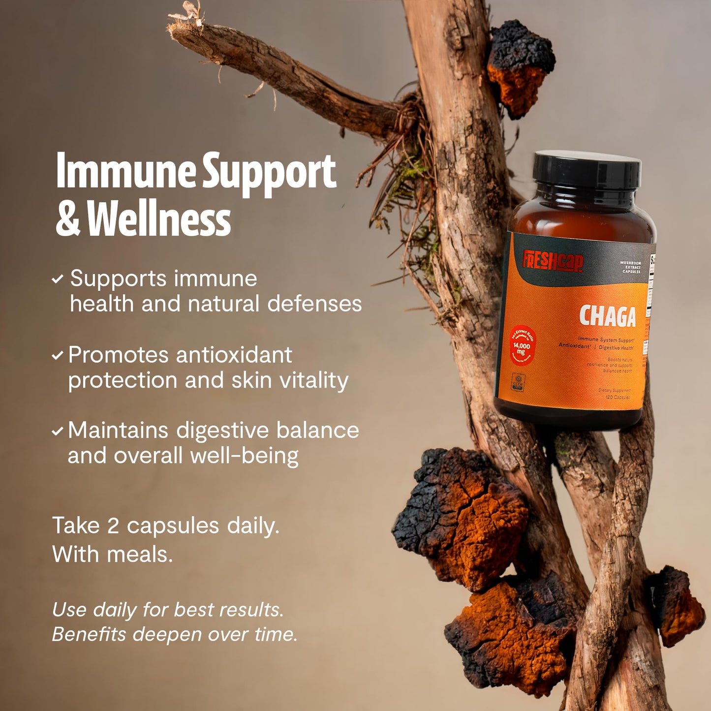 FreshCap Mushrooms Premium Organic Chaga Supplement Capsules 120