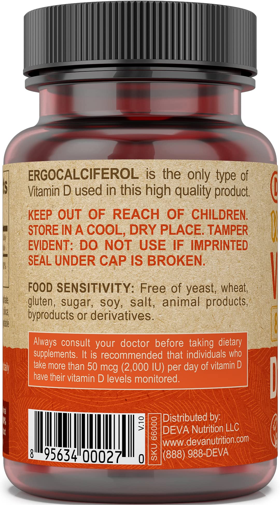 DEVA Vegan Vitamin D2 800 IU Ergocalciferol Supplement, 90 Tablets