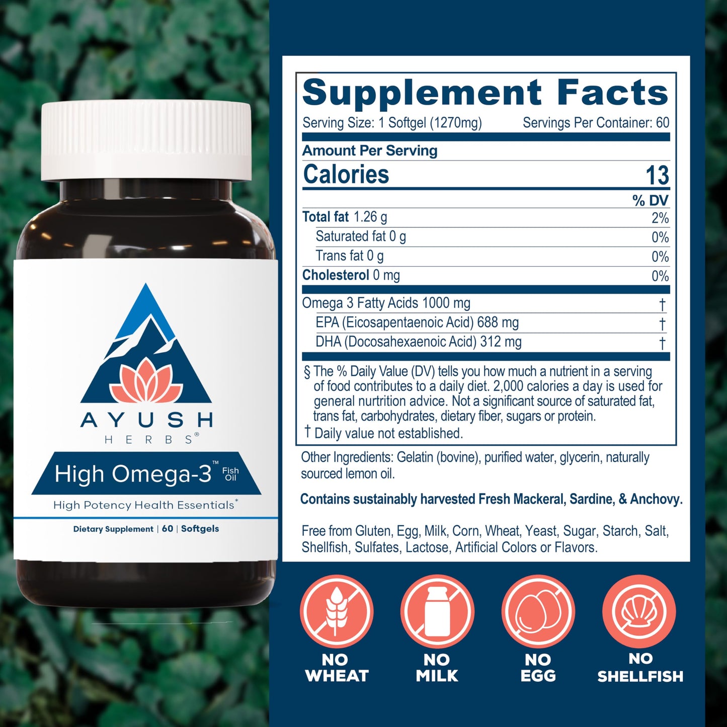 Ayush Herbs High Omega 3 Omega-3 Fish Oil Capsule, 60 Count