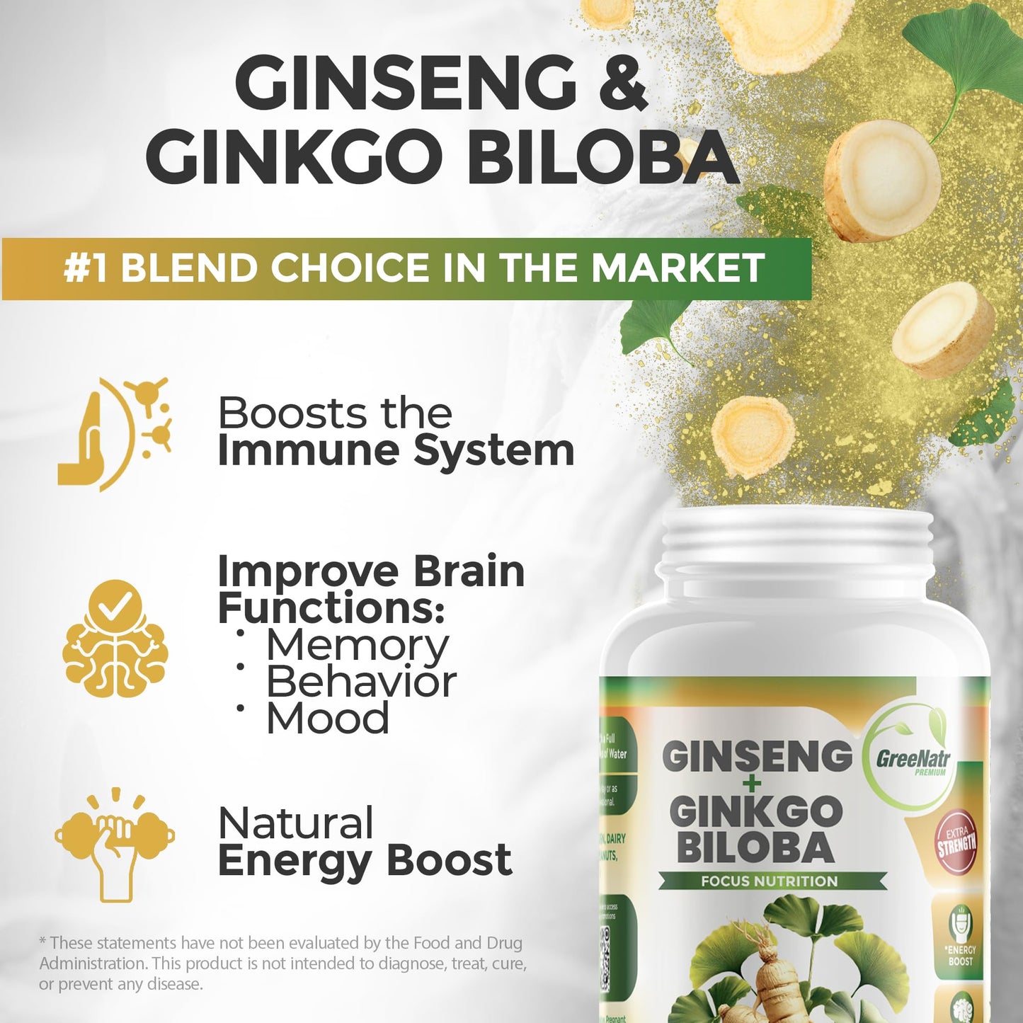 GreeNatr Ginkgo Biloba, Panax Ginseng and Moringa Supplement Bundle Tablets, Capsules, 120 Count