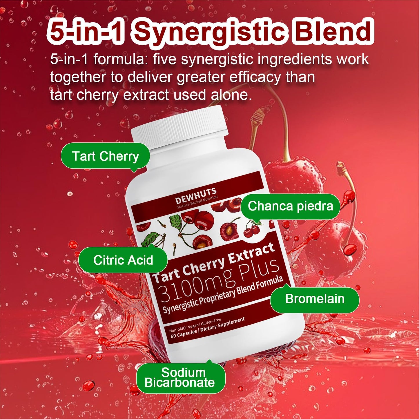 Dewhuts 5 in 1 Tart Cherry Extract 3100mg with Bromelain & Chanca Piedra Capsules, 60 Count