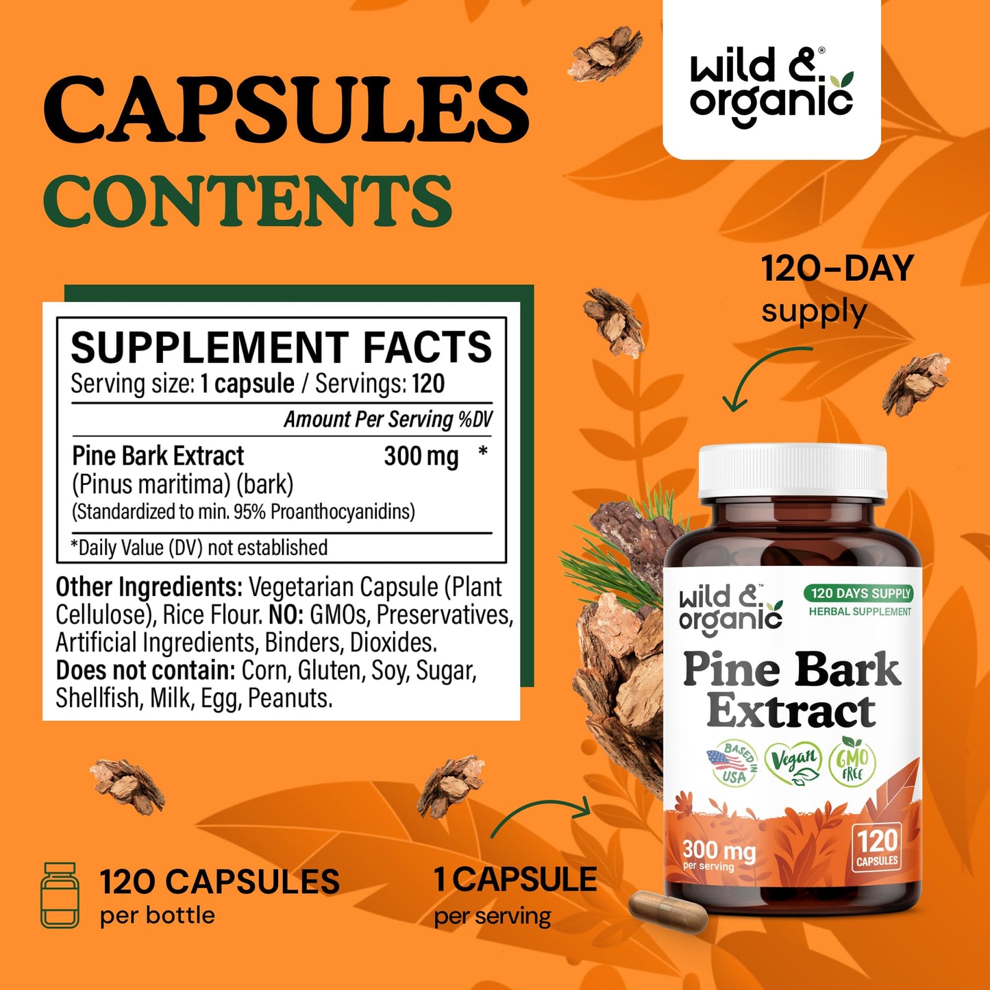 Wild & Organic Pine Bark Extract Capsules 120 Count
