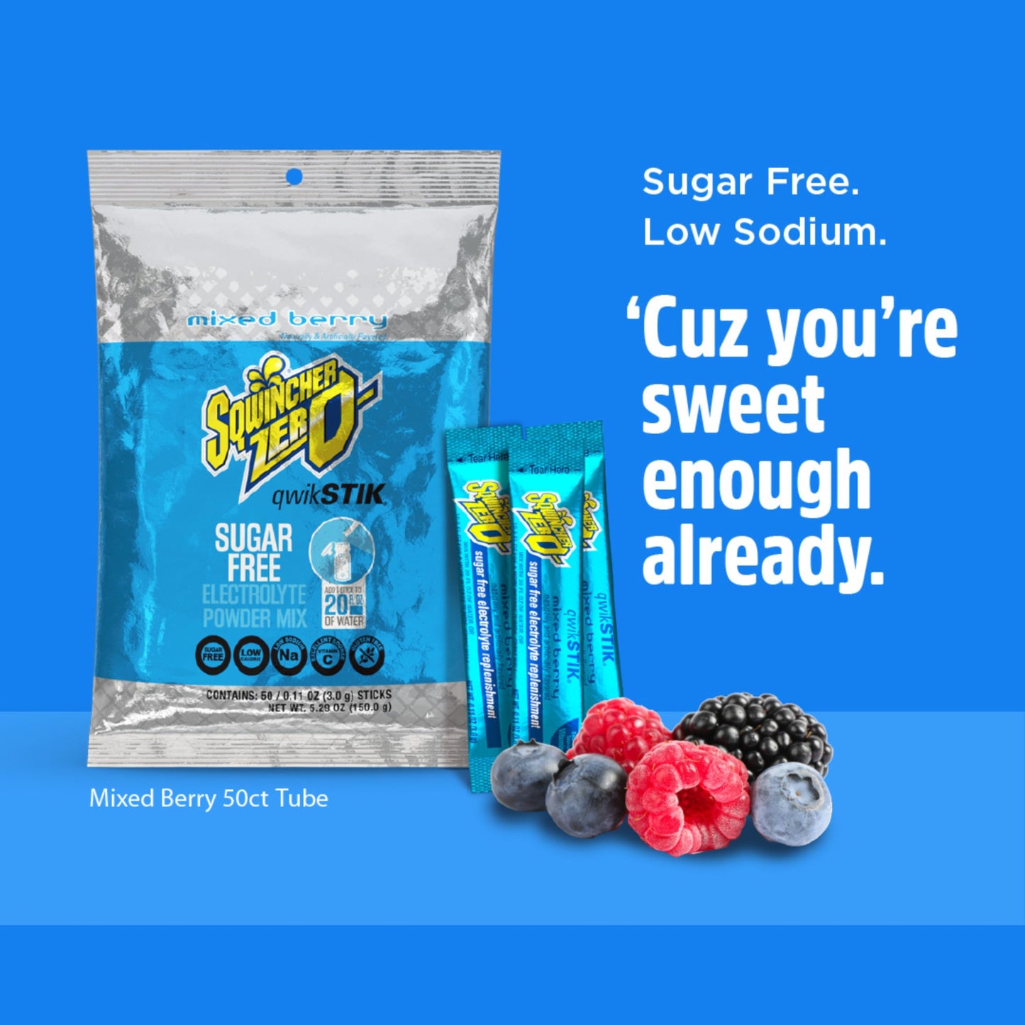Sqwincher Qwik Stik Sugar Free Mixed Berry Flavor Powder, 5.5 oz, 50 Pack