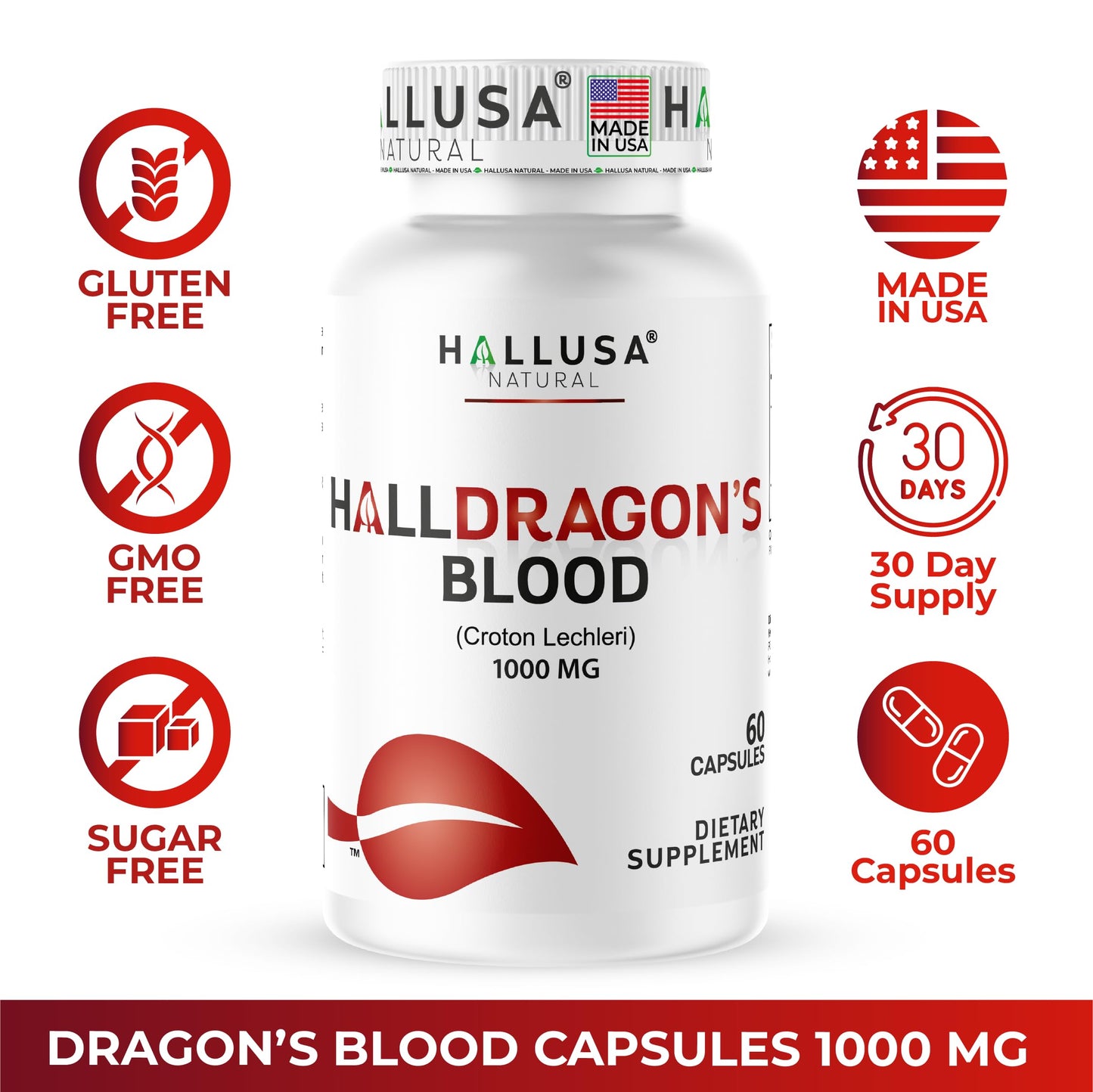 Hallusa Natural Dragon's Blood 1000mg Croton Lechleri Extract Capsule, 60 Count