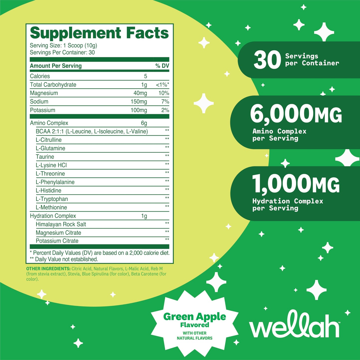 Wellah BCAAs (Green Apple Flavored) 30 Servings - BCAA Powder with Hydration Complex, 11 Ounce