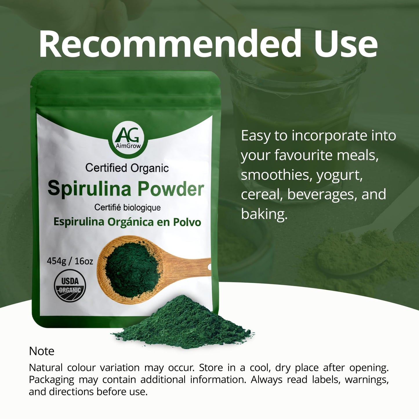 Aimgrow Organic Spirulina Powder 16.01 oz