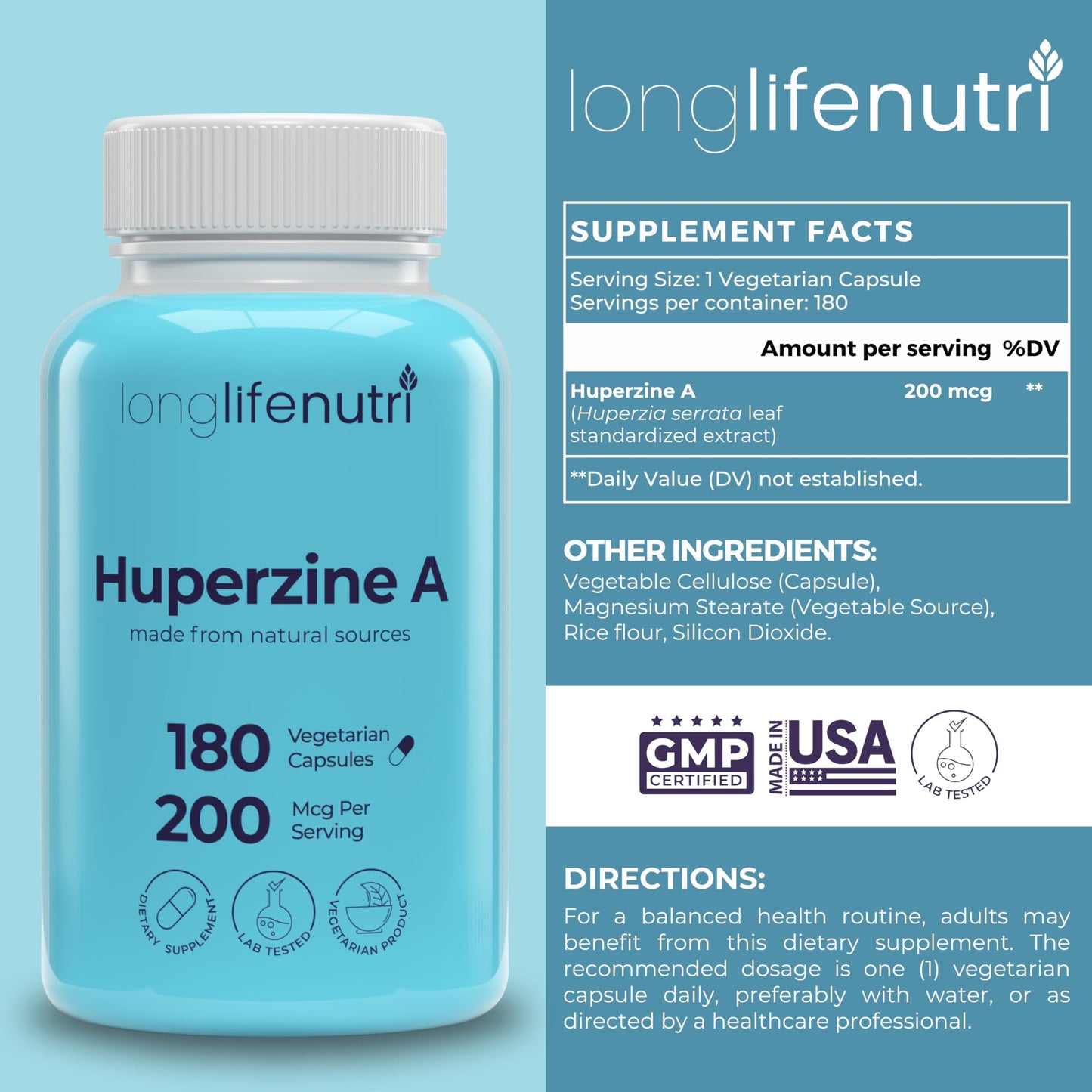 LongLifeNutri Huperzine A 200mcg from Huperzia Serrata Leaf Capsules, 180 Capsules