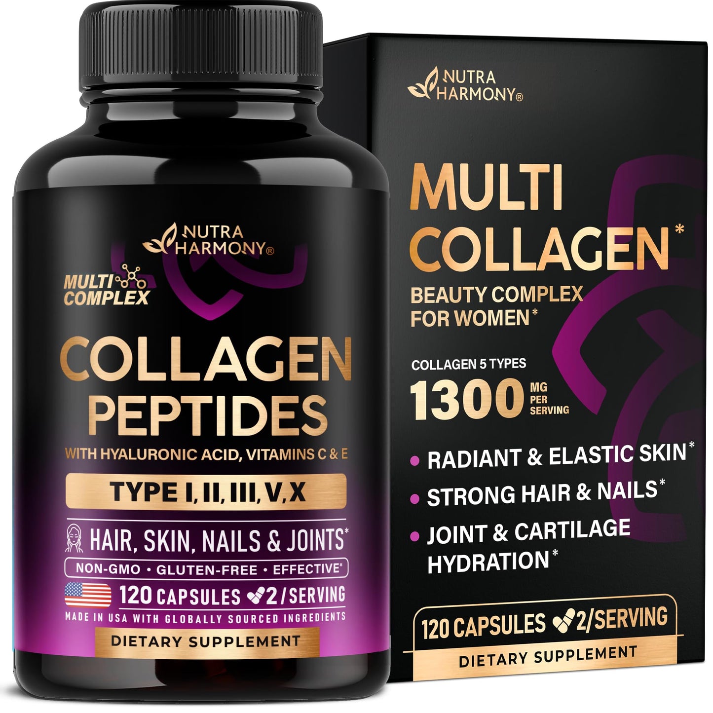 NUTRAHARMONY Multi Collagen Peptides 1300mg Hydrolyzed Types I II III V & X, 120 Capsules