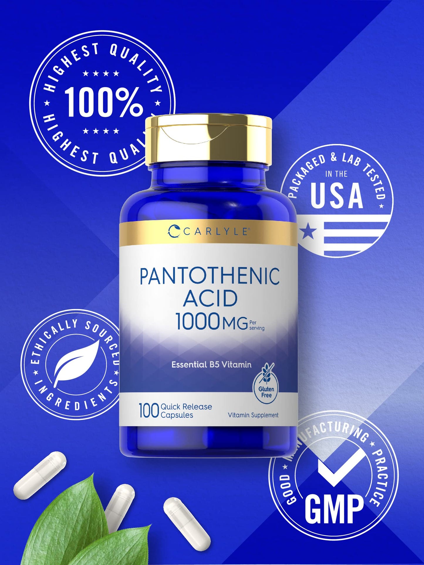 Carlyle Pantothenic Acid Vitamin B5 1000mg Capsule, 100 Capsules
