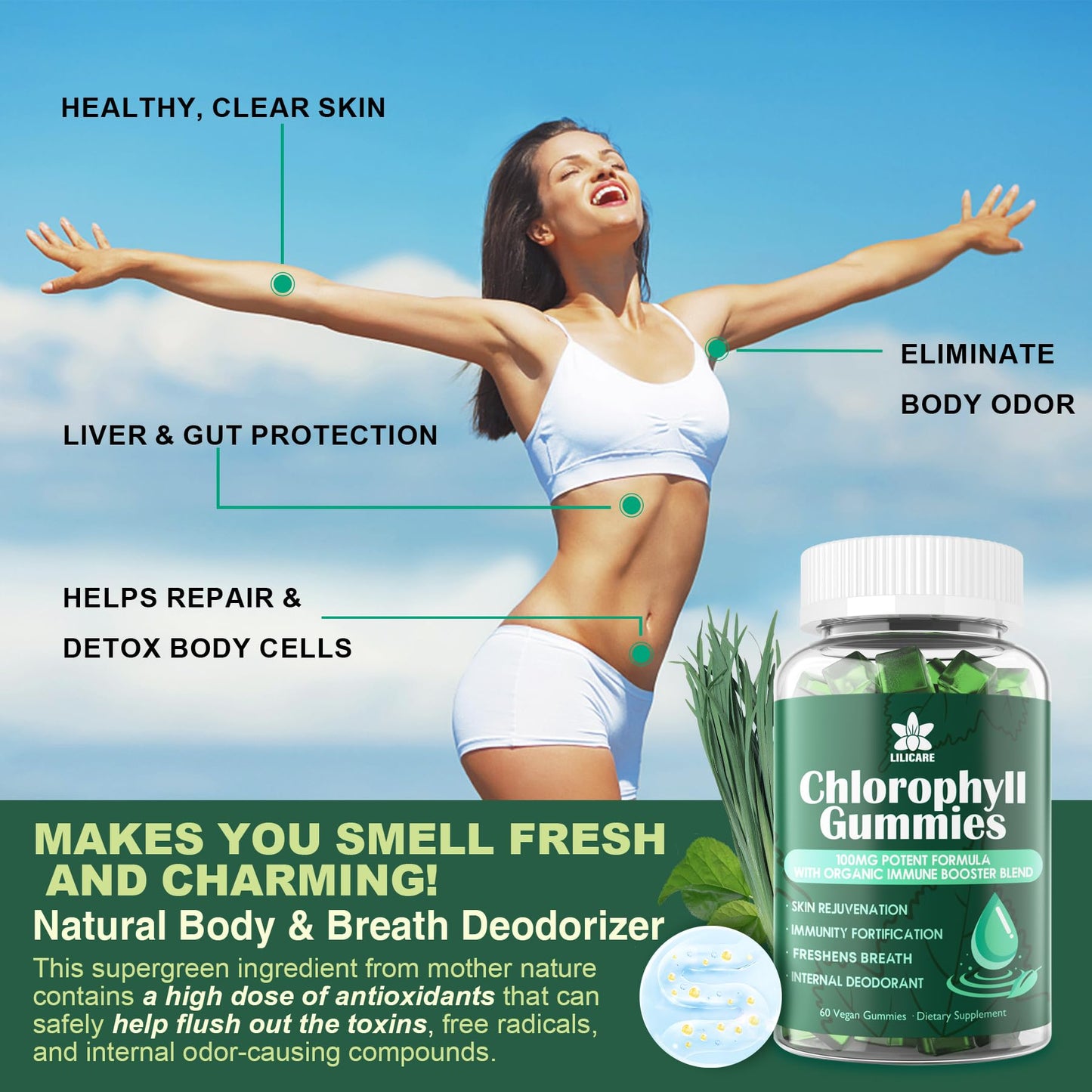 LILICARE Chlorophyll Gummies - Super Green + Organic Blue Spirulina Chlorella, 120 Gummies