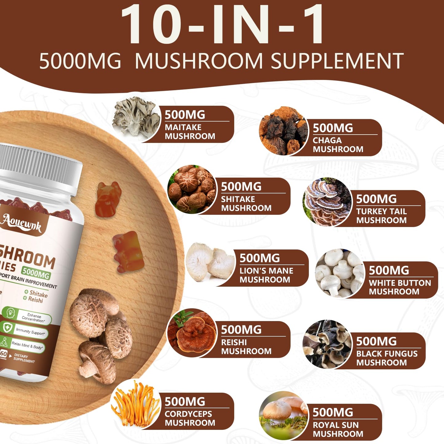 Aouewnk Mushroom Gummies Supplement for Men & Women Gummy, 60 Count