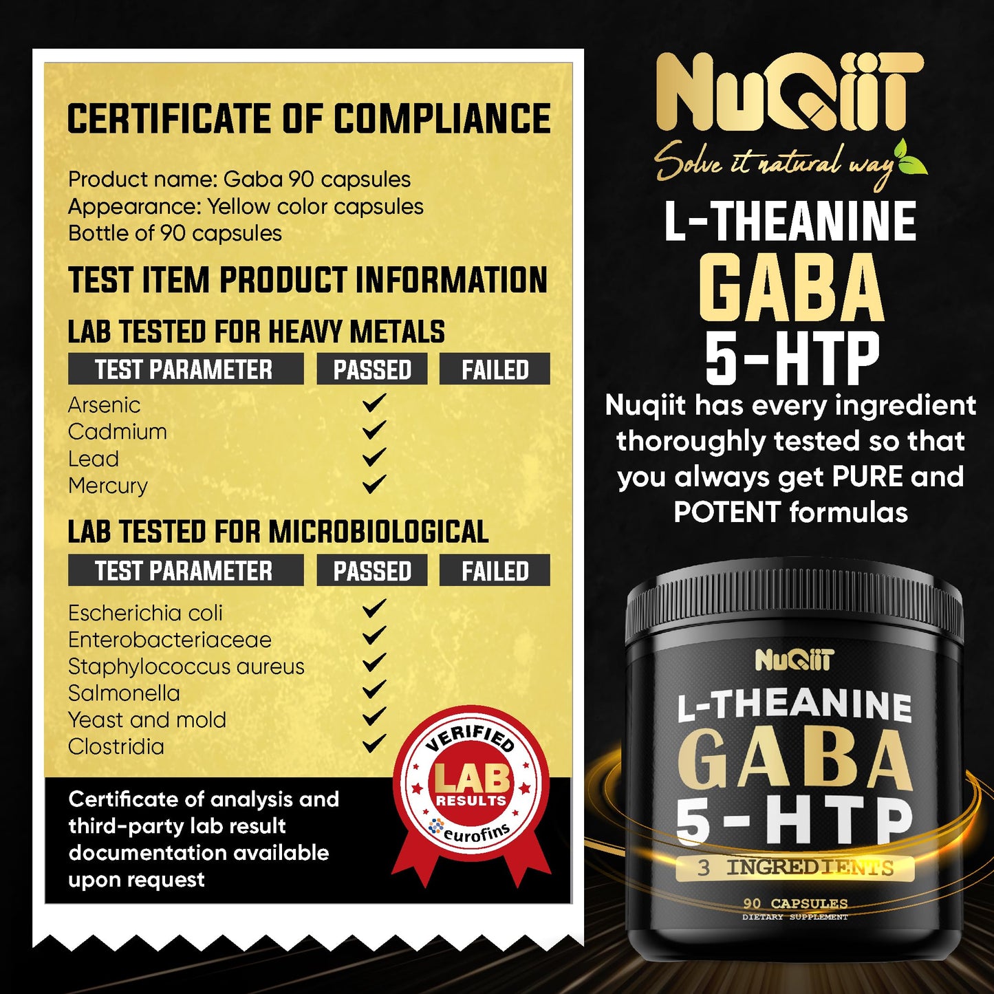 NUQIIT 3in1 GABA Supplements 750mg L-Theanine 200mg & 5-HTP (5-hydroxytryptophan) - Equivalent to 1000mg - Support Brain Health, Concentration, Comfortable Mood 90 Capsules