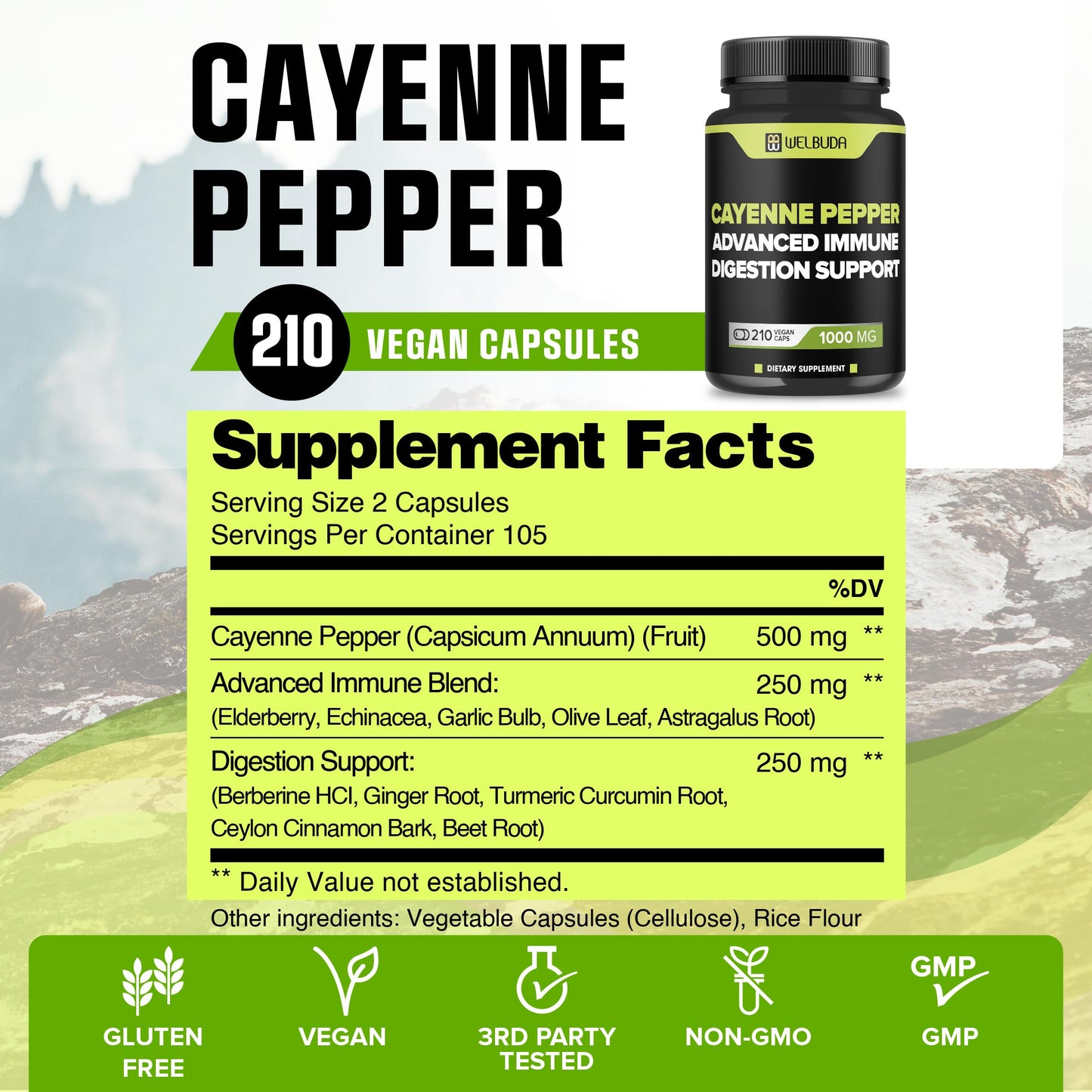 WELBUDA Cayenne Pepper Extract 10:1 Capsule with Berberine HCI, Garlic, Olive Leaf & More, 210 Count