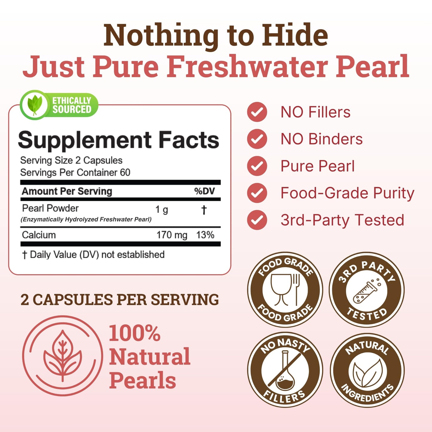 Nourishing Nutrients Freshwater Pearl Powder Supplement for Skin, Hair, Nails & Eyes 120 Capsules