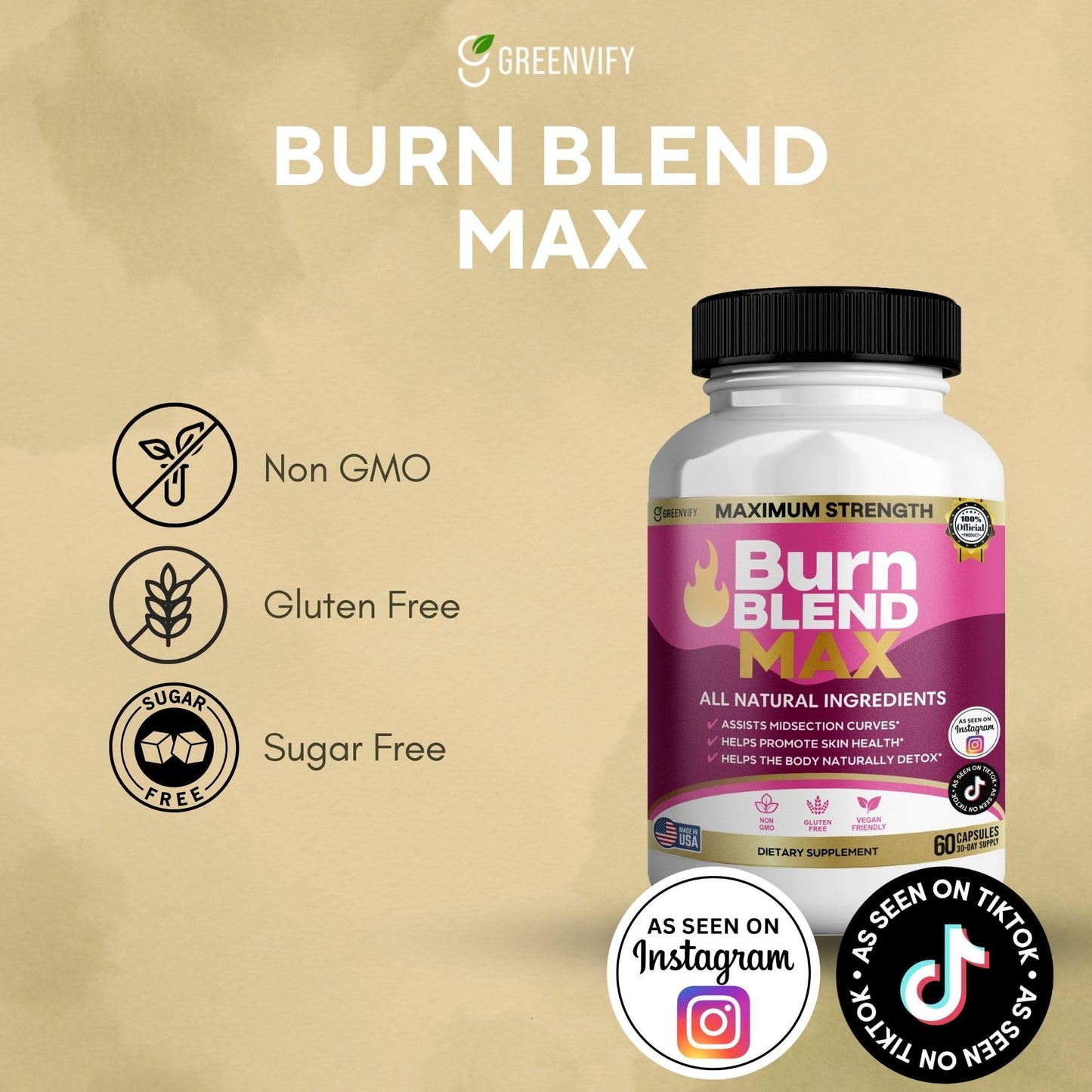 GREENVIFY Burn Blend Max Premium Thermogenic Energy and Fat Oxidation Formula, 60 Capsules