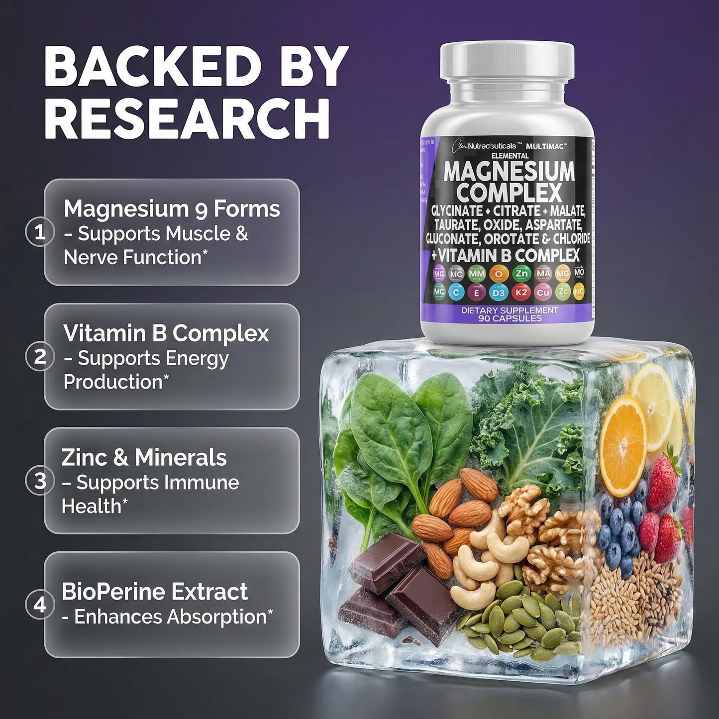 Clean Nutraceuticals Magnesium Complex with Magnesium Glycinate Citrate Malate Oxide Taurate Aspartate Orotate & Mag Chloride, Zinc Copper Manganese & Vitamin C B1 B2 B6 B12 Complex Capsule, 90 Count