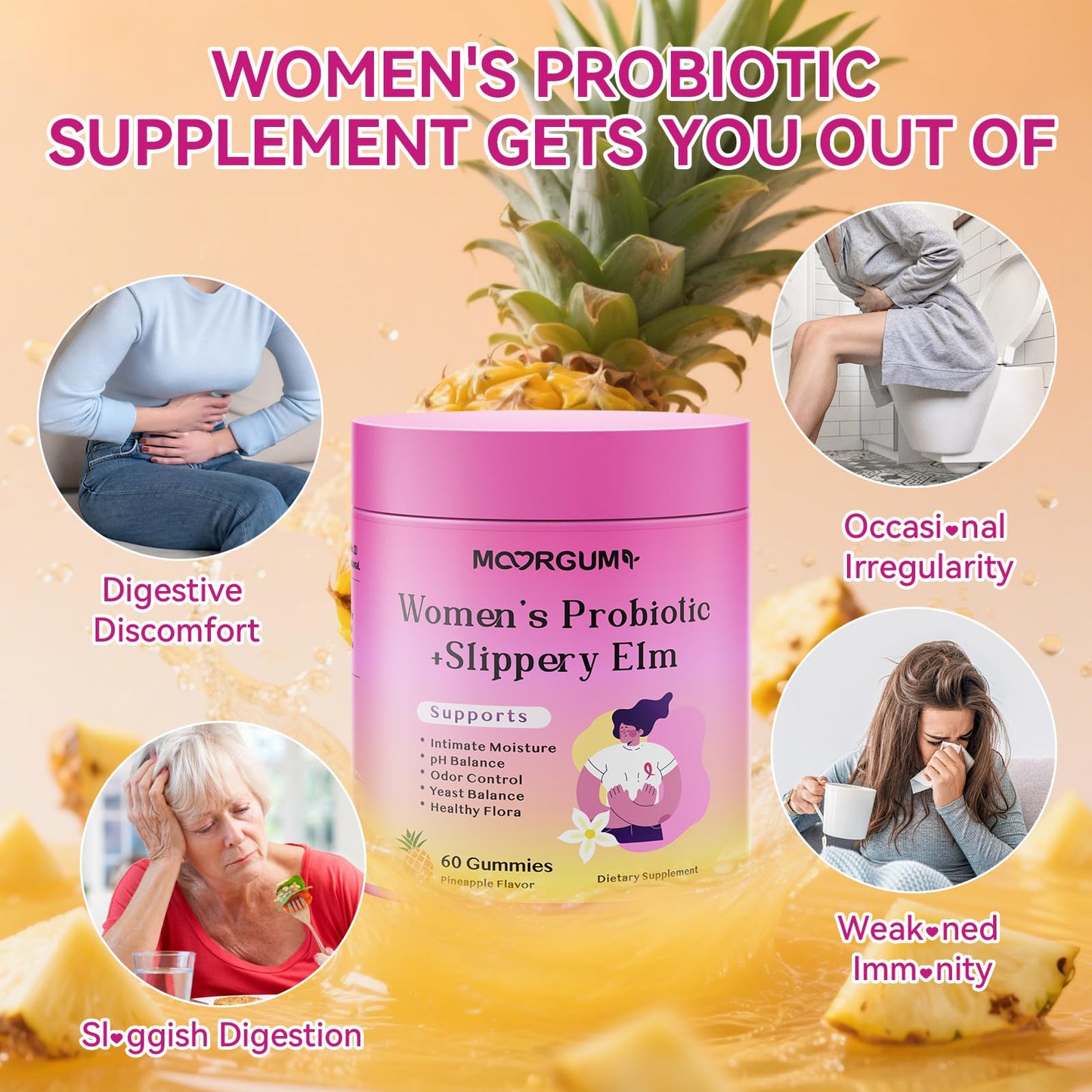 MOORGUMY Women's Probiotic Gummies with Slippery Elm, Prebiotics & Lactobacillus Blend for Gut Health, Women's Wellness, pH Balance & Intimate Support, 60 Gummies