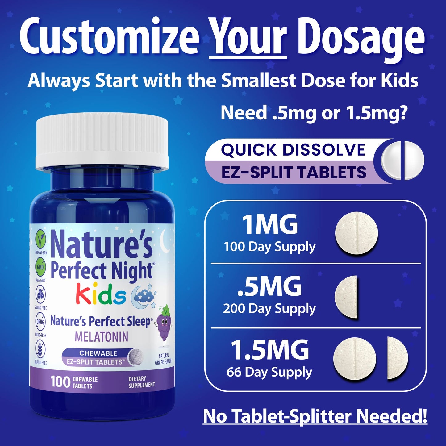 Nature's Perfect Night Kids Melatonin 1mg Chewable Tablets, 100 Count