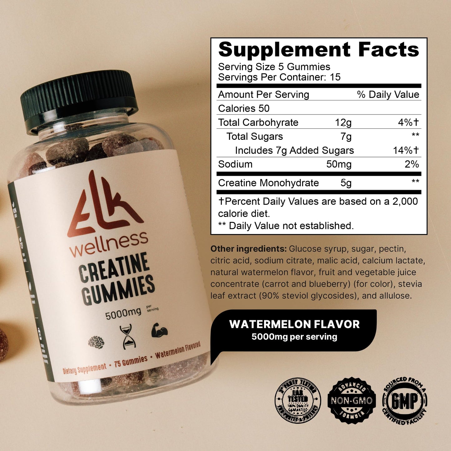 ELK Wellness Creatine Monohydrate Gummy 75 Count
