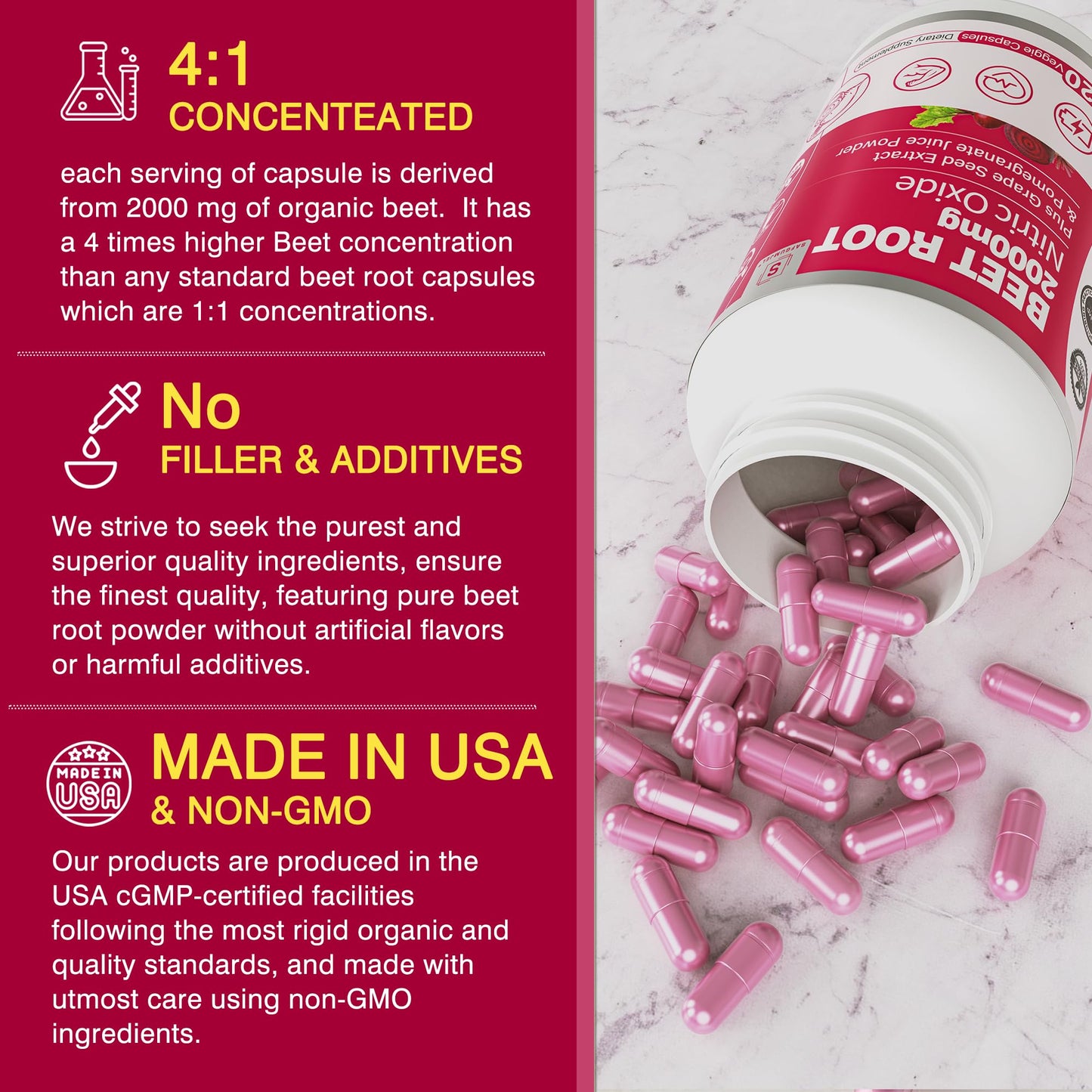 Safgumjel Beet Root Capsules 2000mg Nitric Oxide Supplement with Grape Seed Extract and Pomegranate Extract, Non-GMO, 240 Capsules