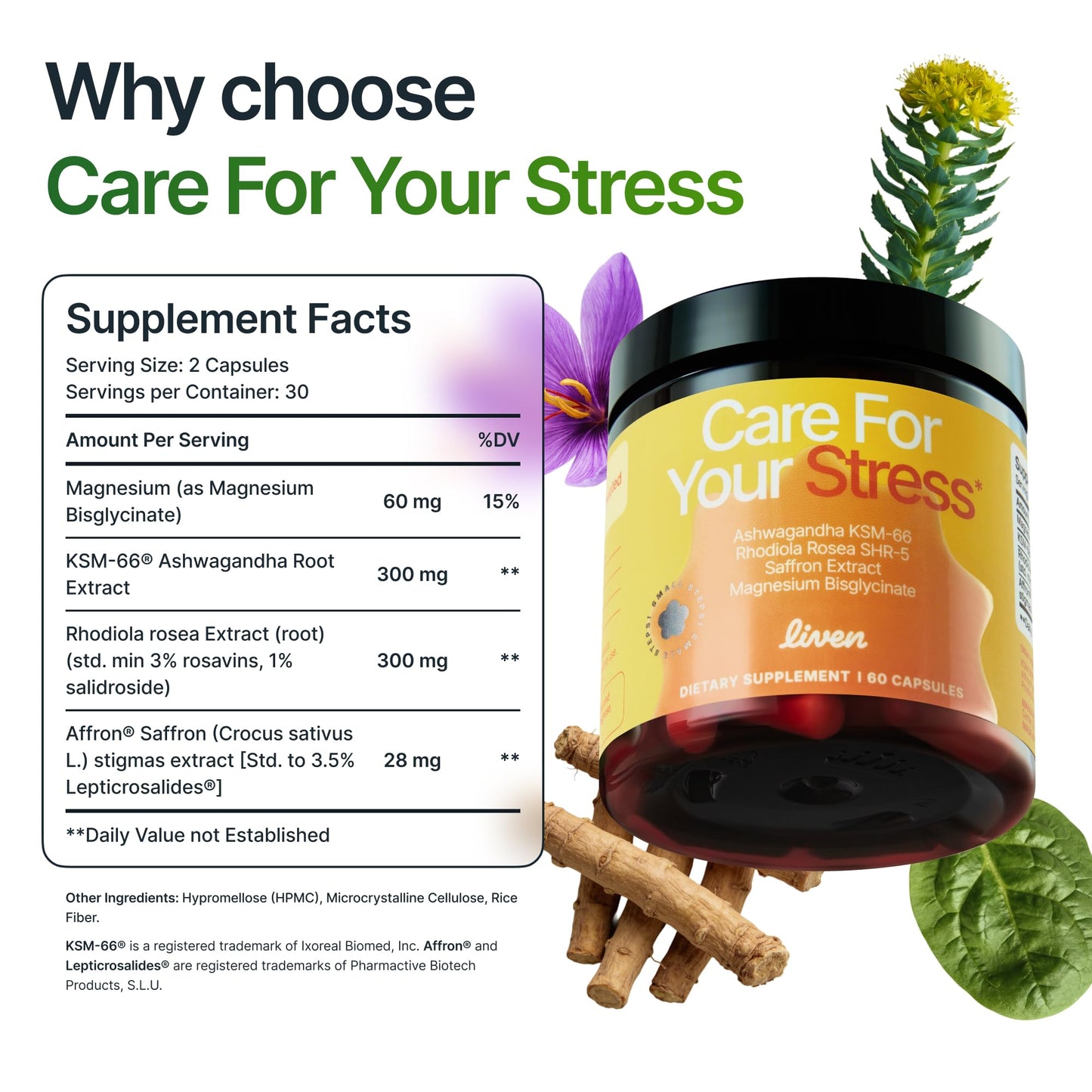 LIVEN SUPPLEMENTS Care for your Stress - KSM-66, Rhodiola Rosea, Magnesium & Saffron Extract – Daily Balance & Focus Support Capsules 60 Count
