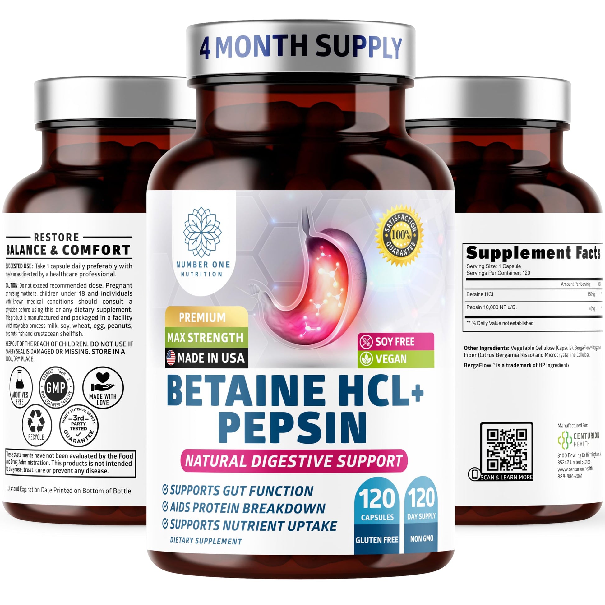 Number One Nutrition Premium Betaine Hydrochloride Enzymes Supplement with Pepsin Capsule, 120 Count