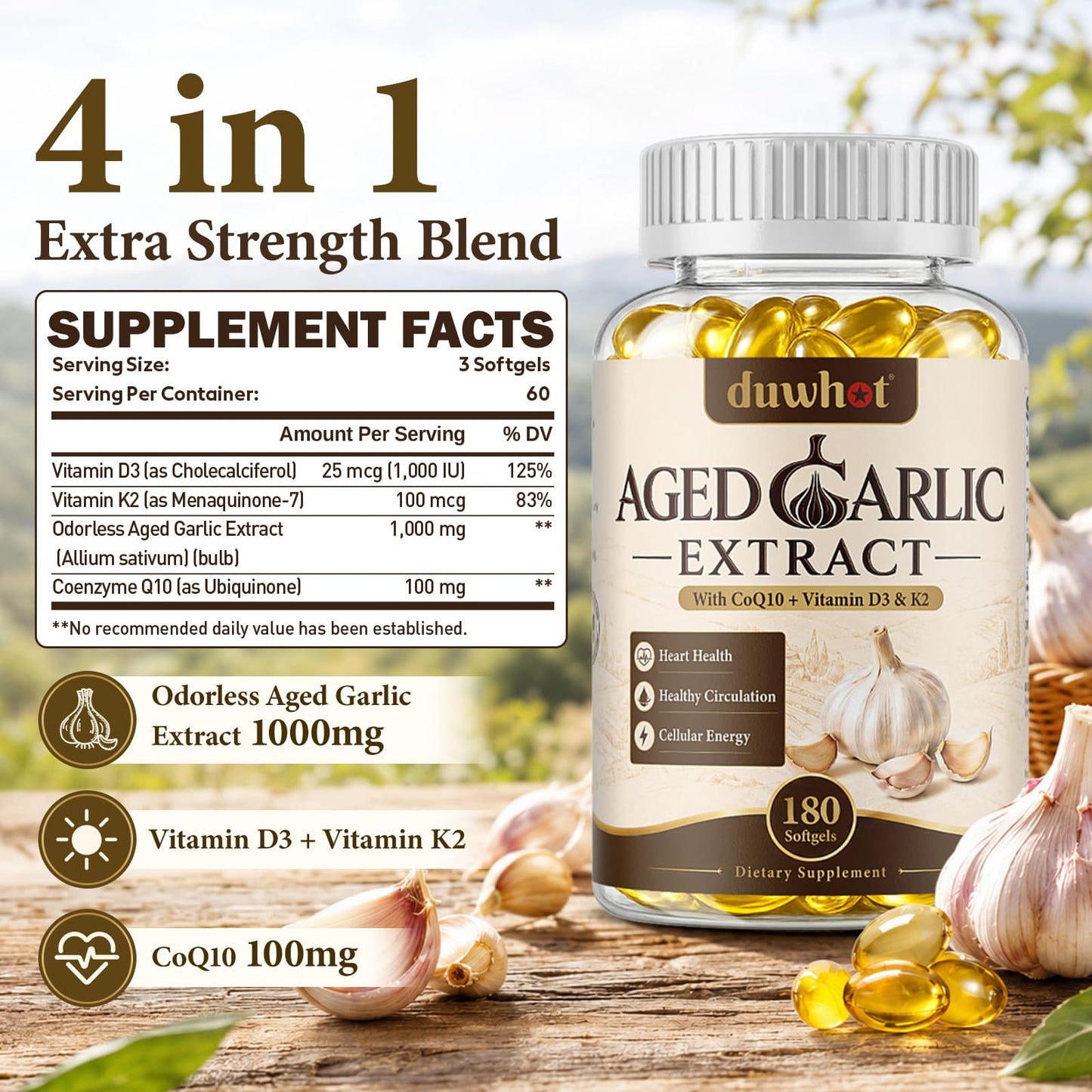 duwhot Odorless Aged Garlic Extract Softgels, 180 Count
