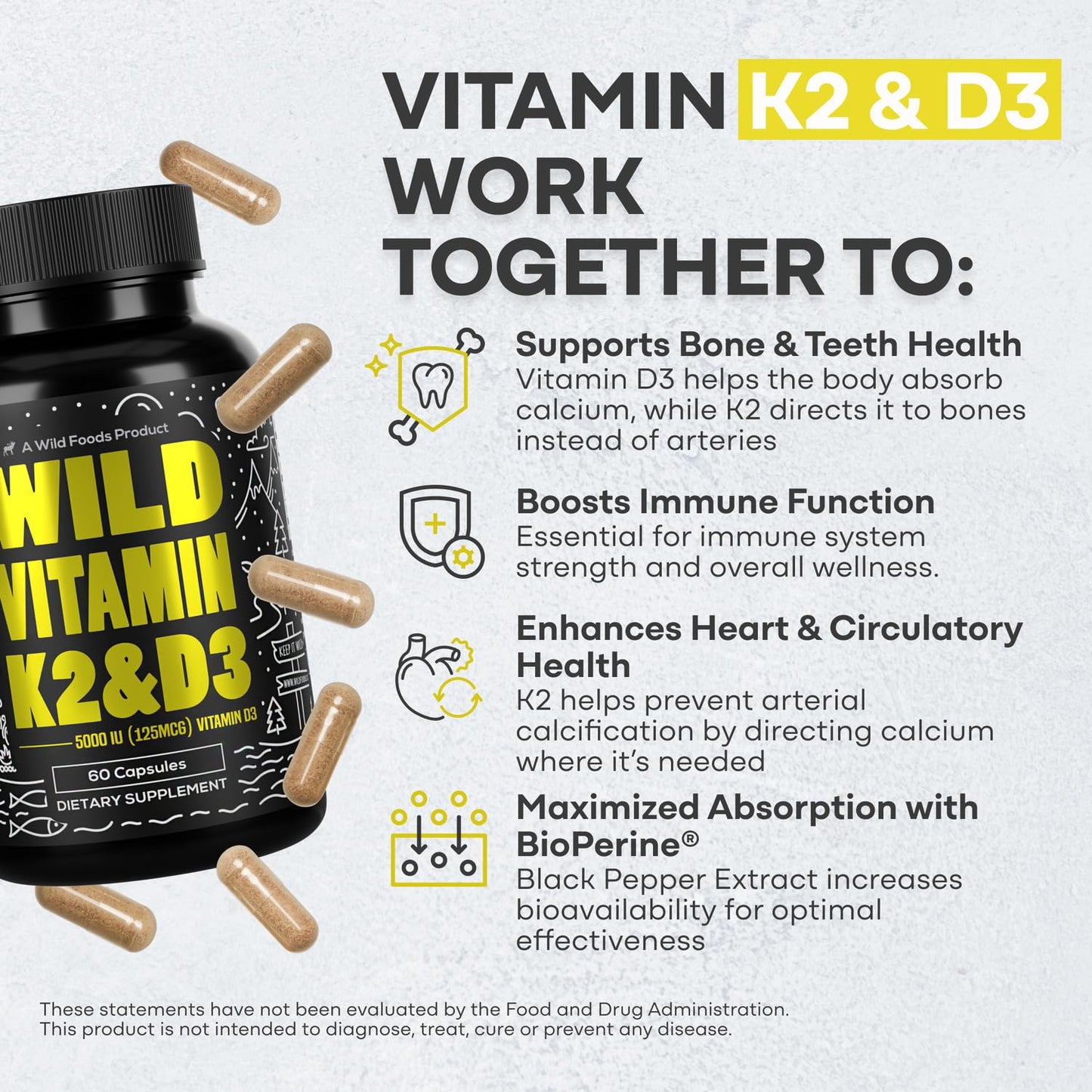 Wild Foods Vitamin D3 + K2 5000iu (100mcg Mk7) with Black Pepper Extract, 120 Capsules