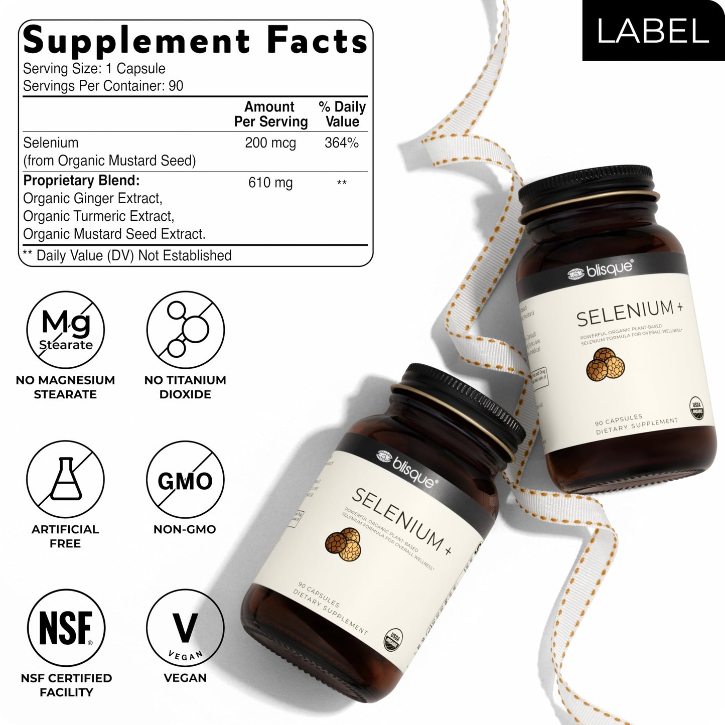 Blisque Organic Selenium for Thyroid Support, Immune System, and Heart Health with Organic Mustard Seeds, 90 Capsules