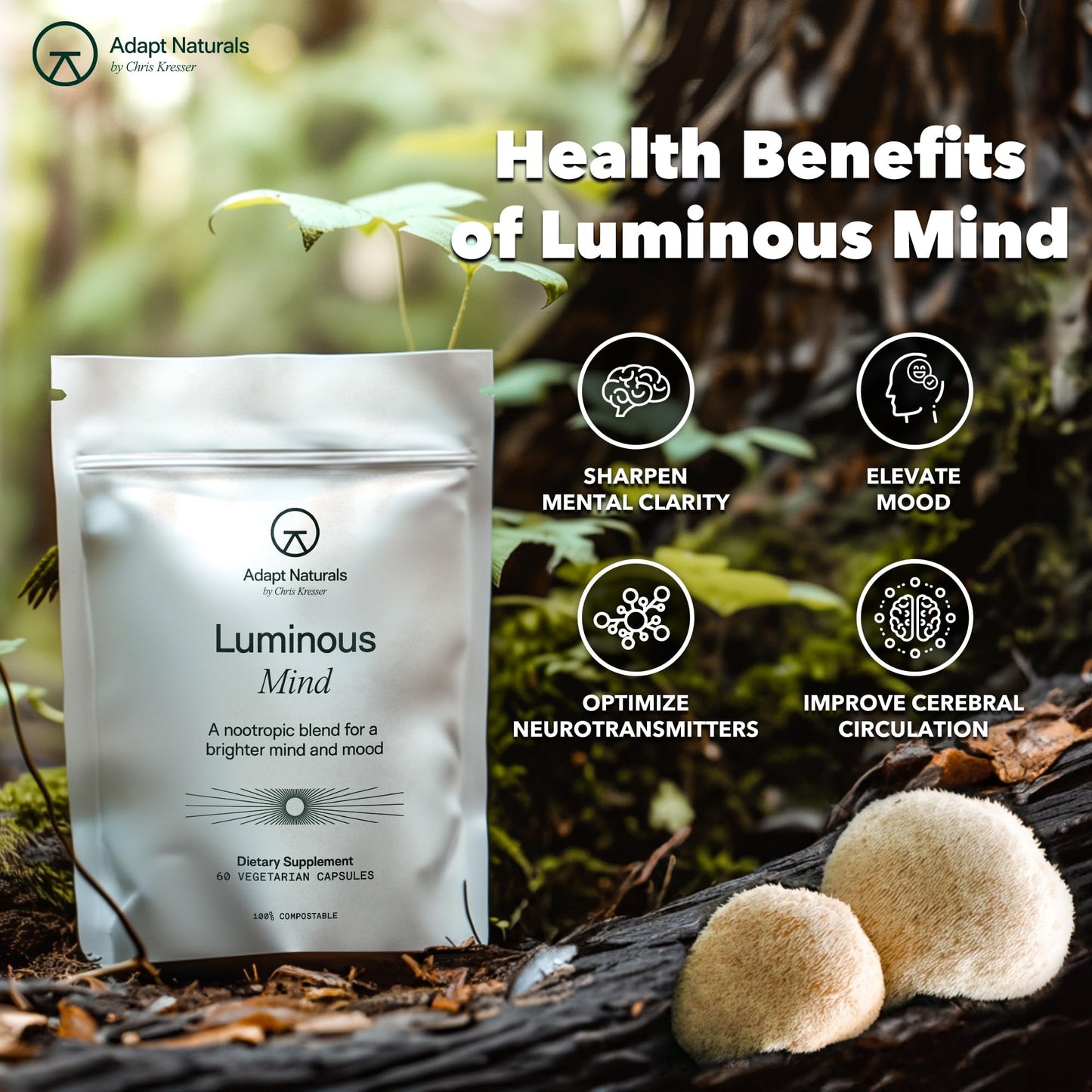 Adapt Naturals by Chris Kresser Luminous Mind Nootropic Brain Supplement with Ginkgo Biloba, Bacopa and Lions Mane Capsules 120