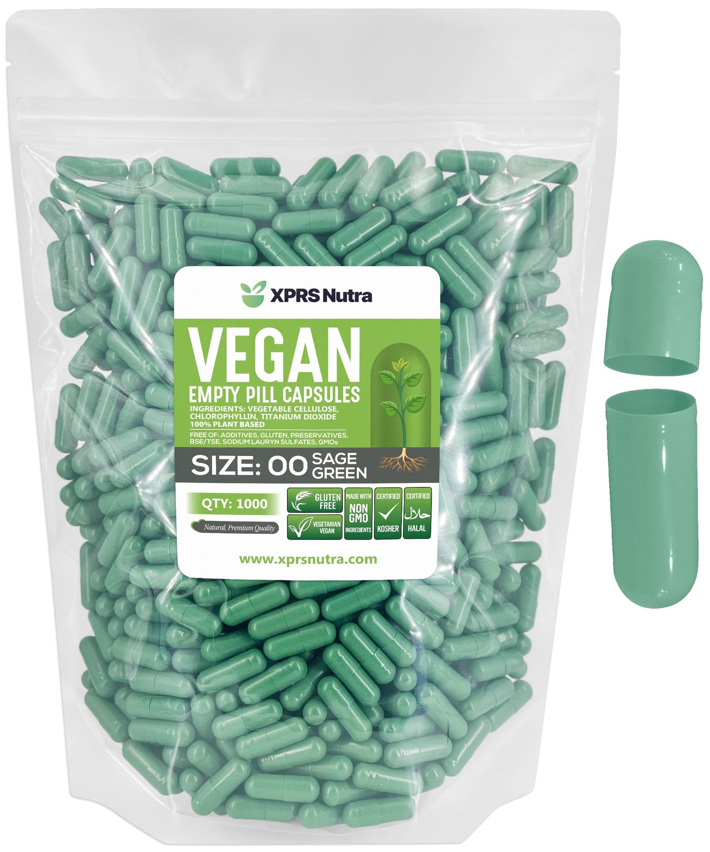 XPRS Nutra Empty Capsules - Size 00 - 1000 Count - Sage Green, Vegan