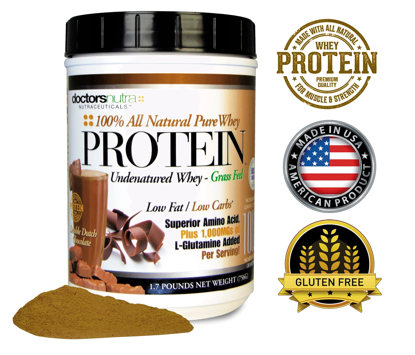 Doctors Nutra Nutraceuticals Pure Grass Fed Whey Protein Powder, Double Dutch Chocolate Flavor, Ultrafiltered, Low Carb, No Artificial Sweeteners or Flavors, with BCAAs and 1000 mg L-Glutamine, 1.7 Pound