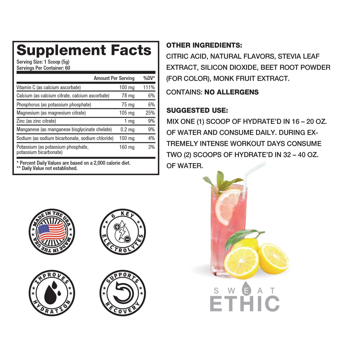 Sweat Ethic Hydrate’D Electrolytes Powder, 12 Servings