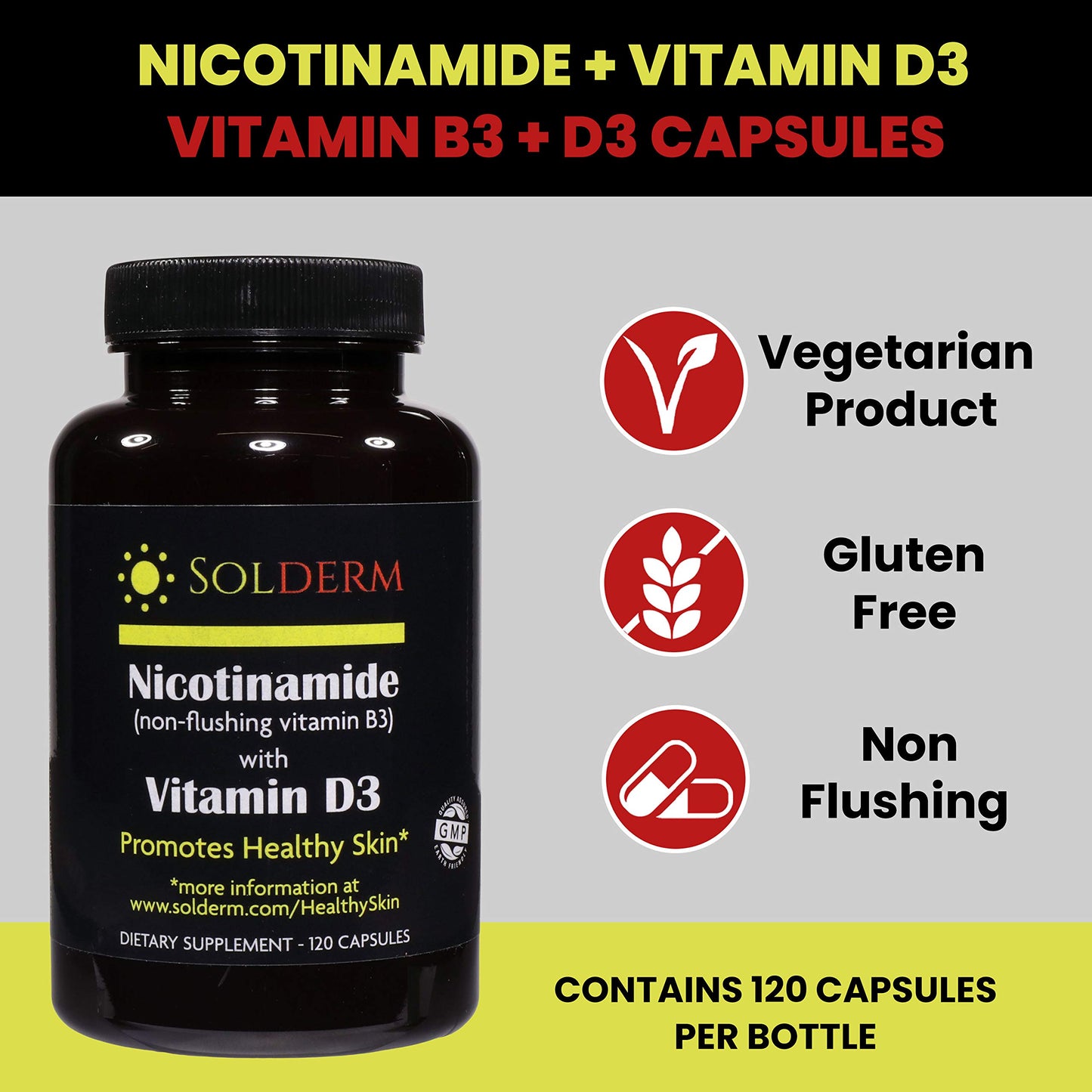 SOLDERM Nicotinamide Non-Flushing Vitamin B3 and D3 Supplement Capsules, 120 Capsules