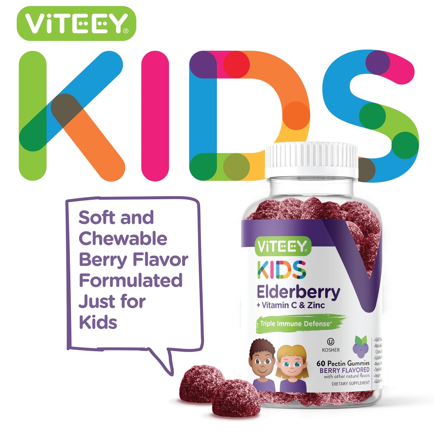Viteey Sambucus Elderberry Gummies for Kids with Zinc & Vitamin C, 60 Count