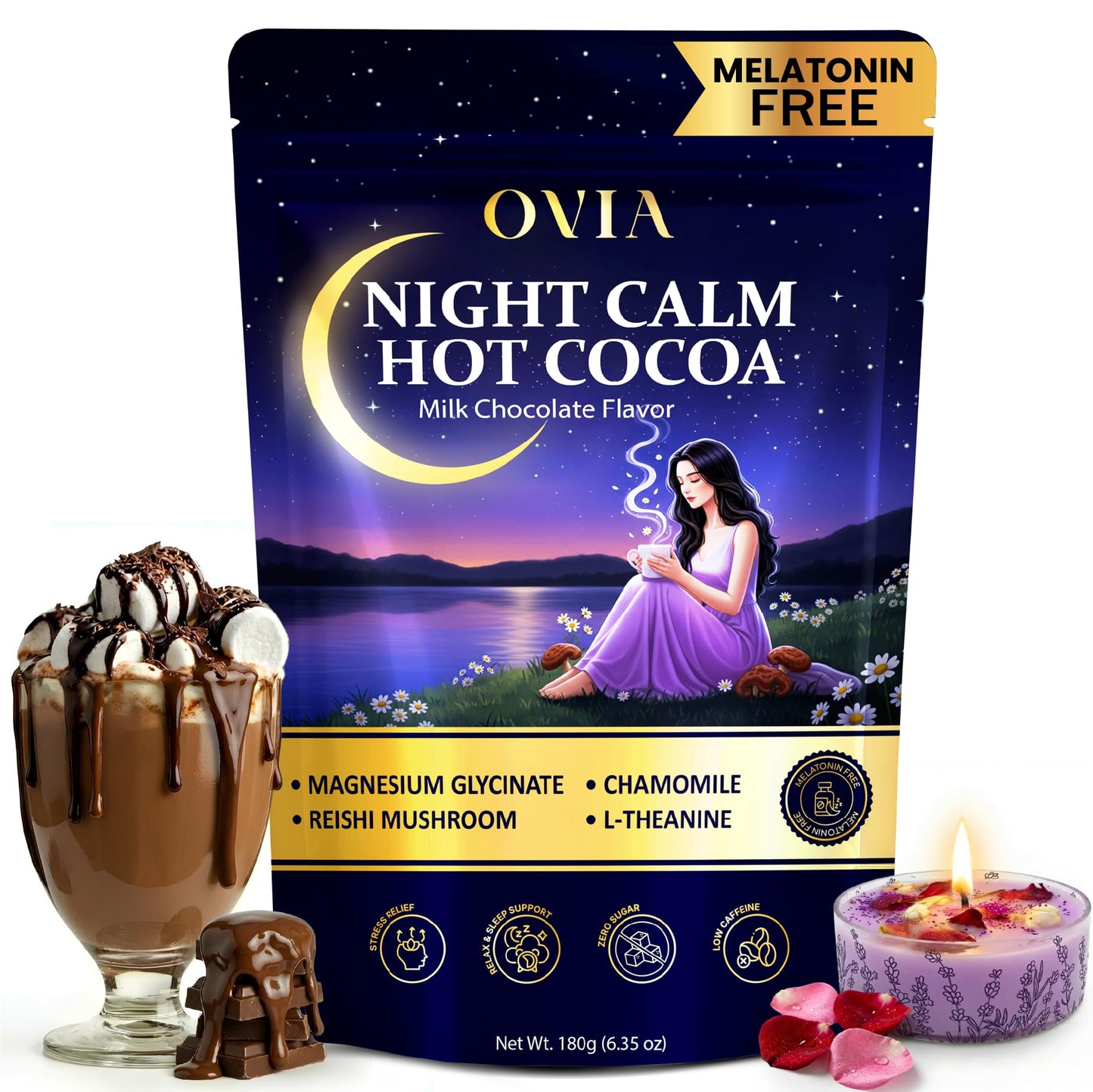 OVIA Night Calm Melatonin-Free Magnesium Mushroom Hot Cocoa Powder 6.35 oz