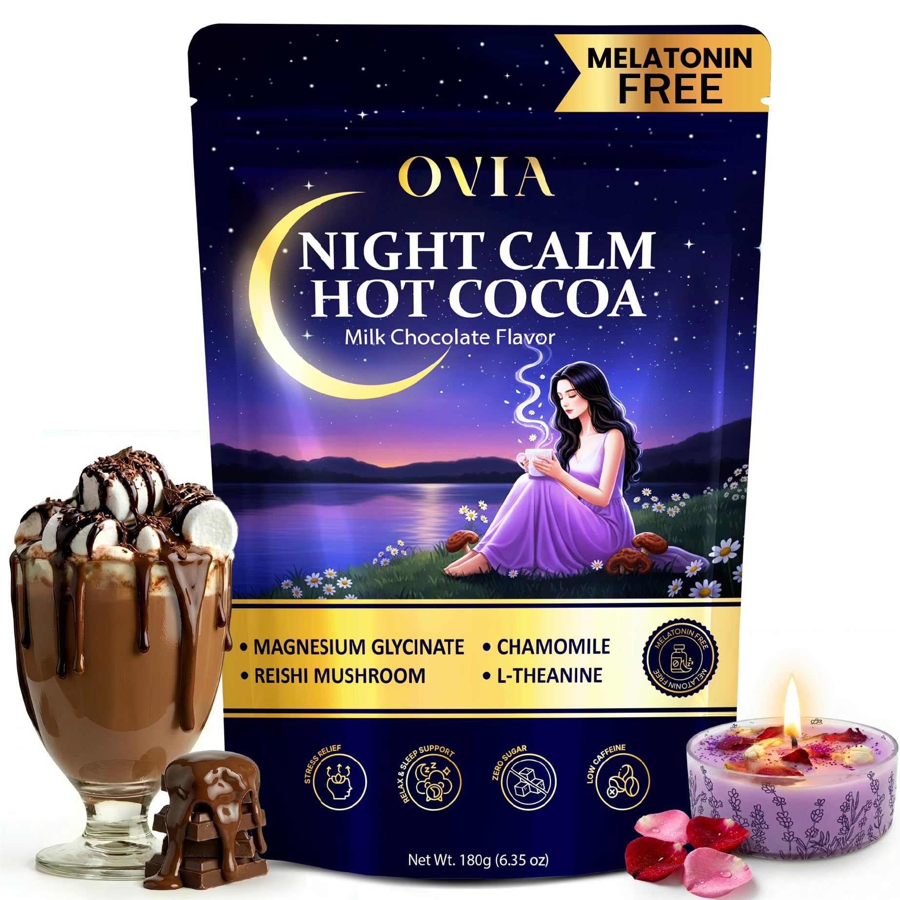 OVIA Night Calm Melatonin-Free Magnesium Mushroom Hot Cocoa Powder 6.35 oz