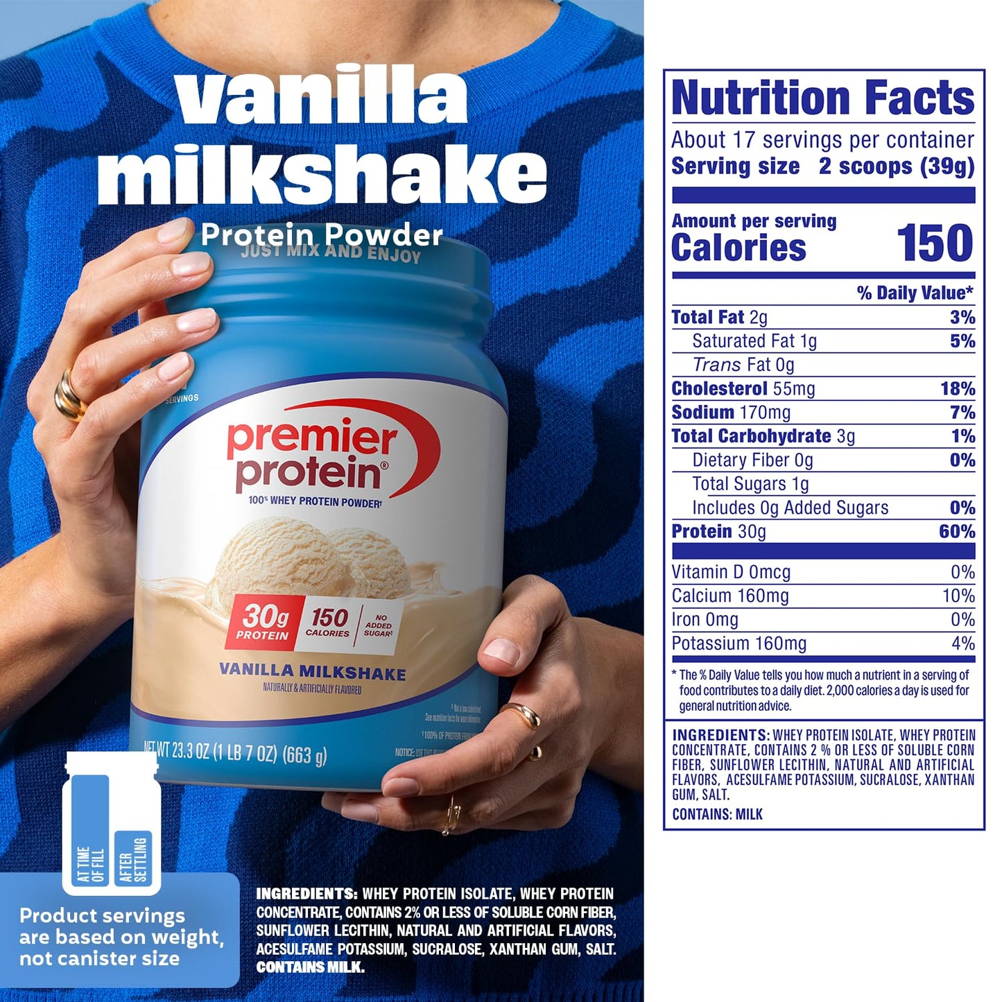 Premier Protein 30g High Protein Powder, 100% Whey, Vanilla Milkshake, 23.3 oz