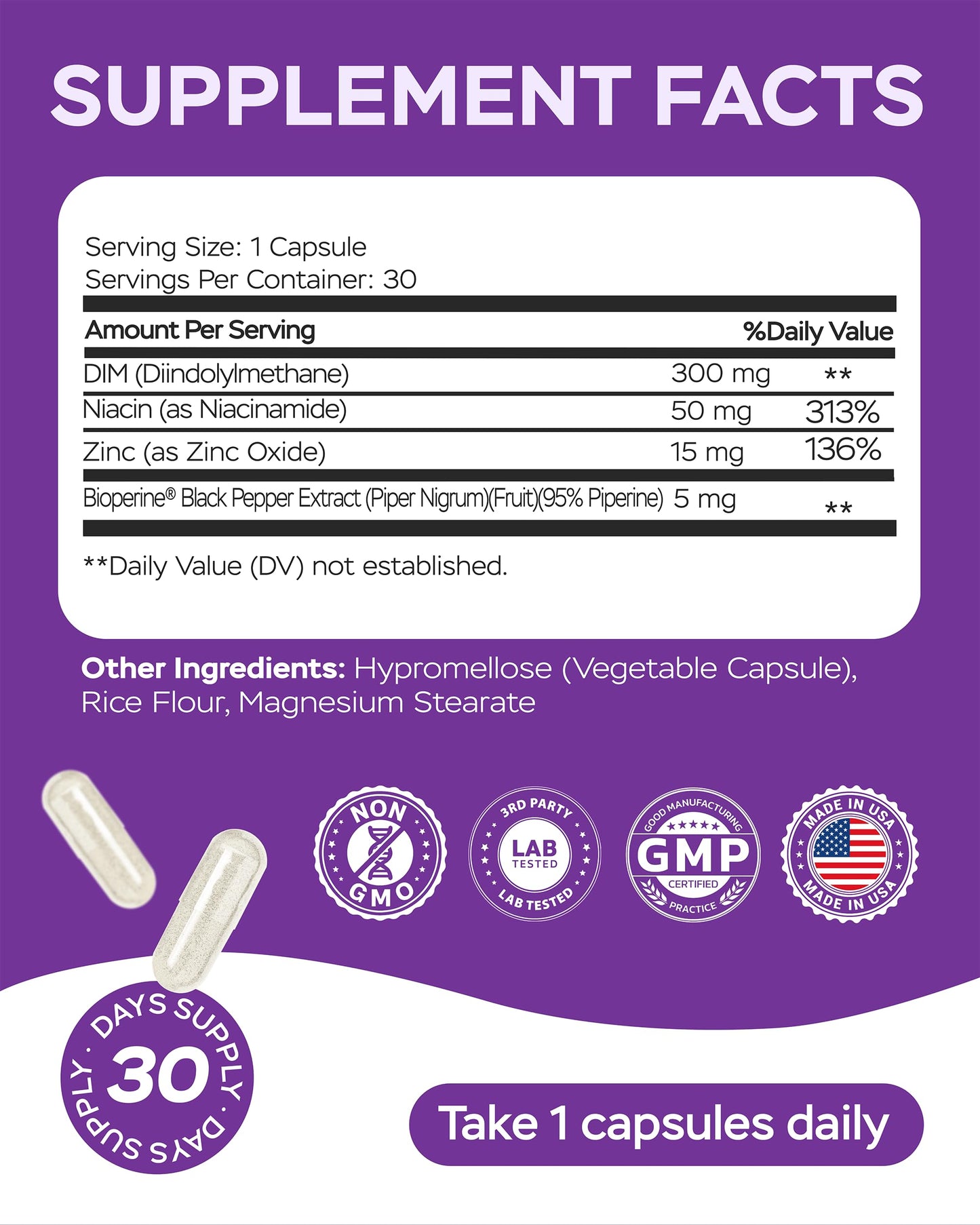 4Well Products Diindolylmethane (DIM) 370mg Complex with Zinc and Niacinamide, 30 Capsules