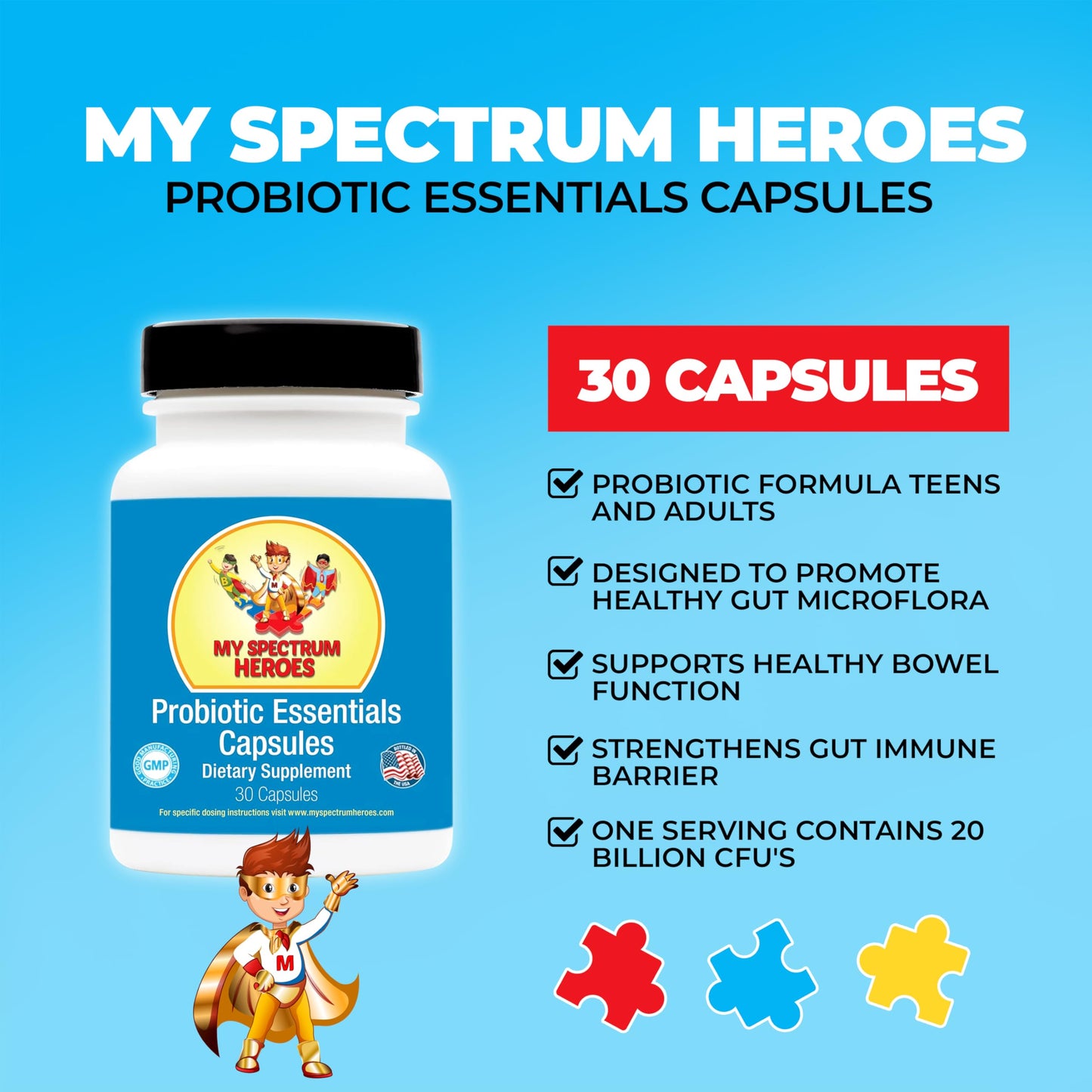 My Spectrum Heroes Probiotic Capsules for Digestive Health with 20 Billion CFUs, Diverse Strains, 30 Capsules