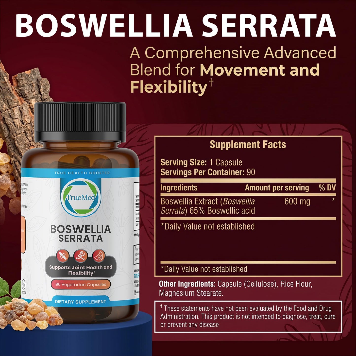 TRUEMED Boswellia Serrata 600mg 65 Boswellic Acid Extract Capsule, 90 Veg Capsules