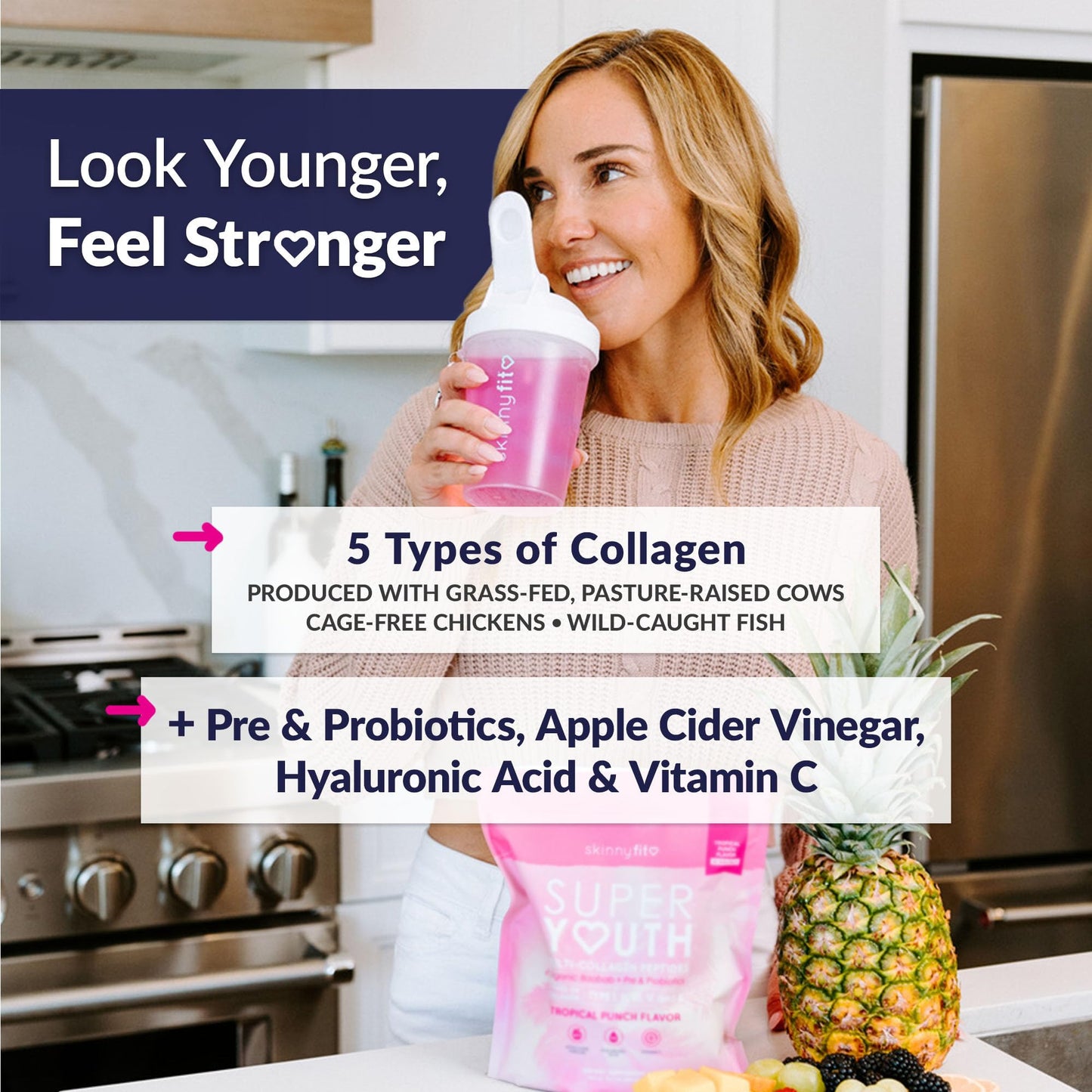 SkinnyFit Super Youth Collagen for Women - Multi Collagen Peptides Powder with Probiotics, Fiber, Hyaluronic Acid, 11 oz